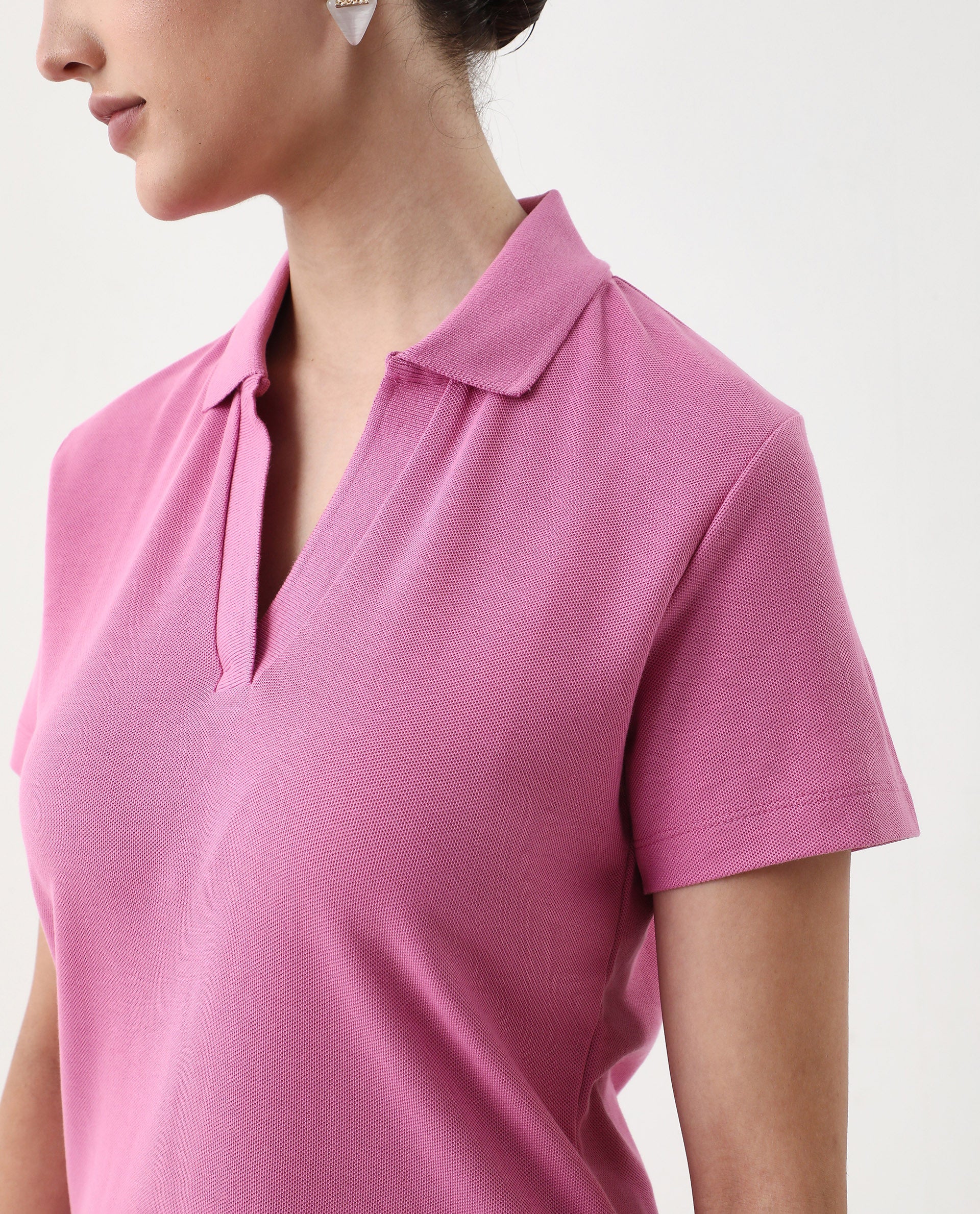 Rareism Women's Vano Pink Cotton Crew Neck Graphic Print Oversized Polo