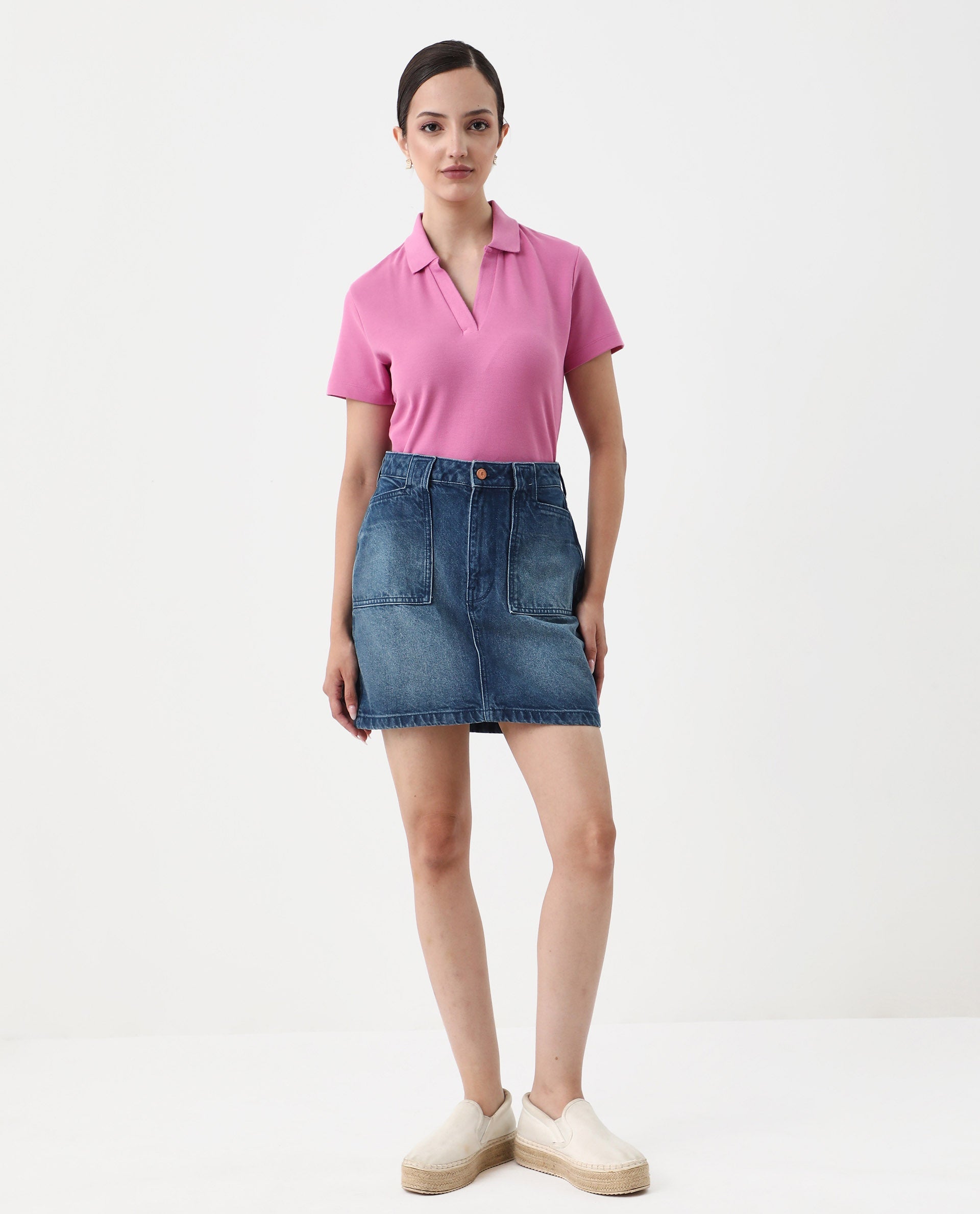 Rareism Women's Vano Pink Cotton Crew Neck Graphic Print Oversized Polo