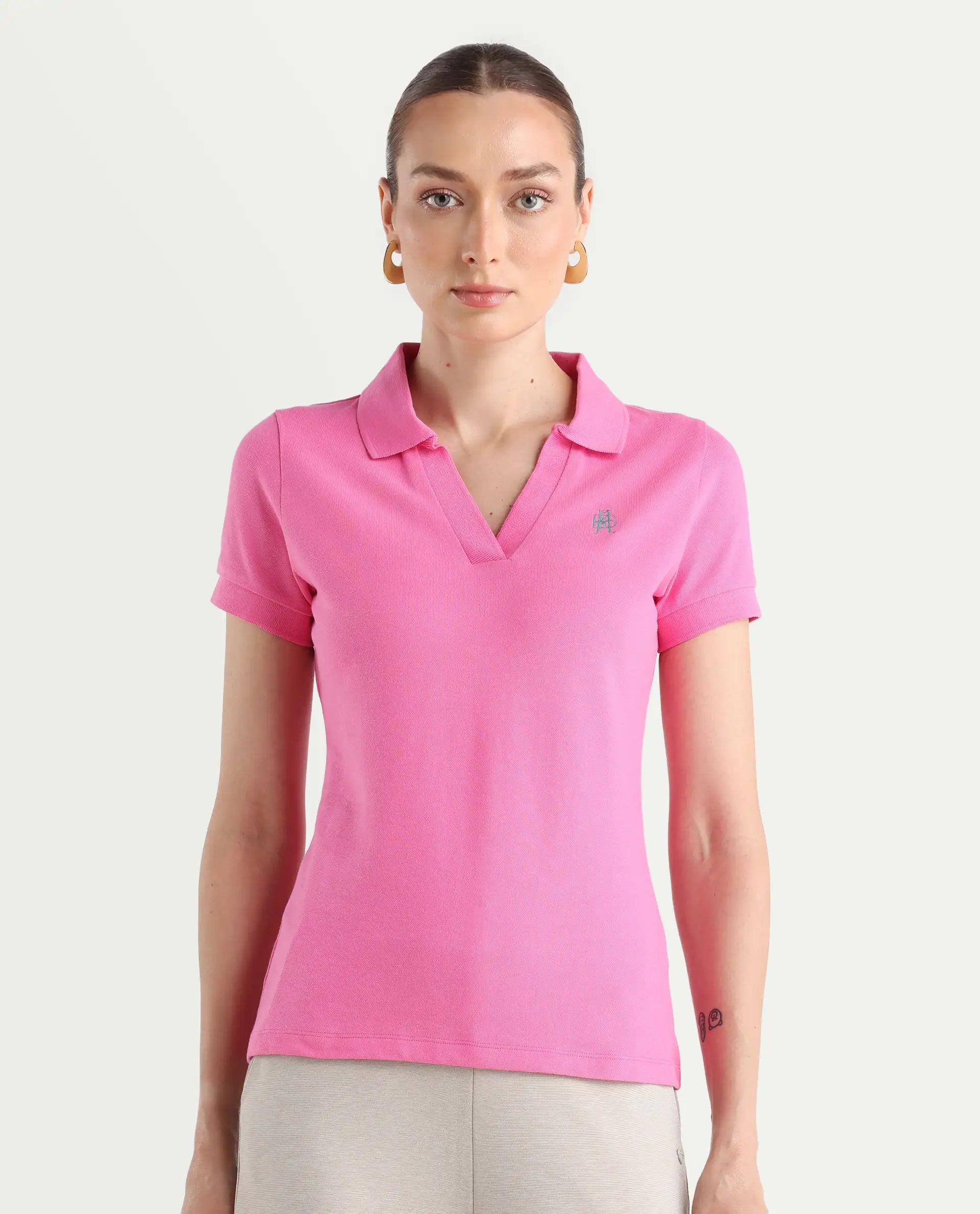 Rareism Women's Van Pink Cotton Blend Polo Neck Plain Regular Fit Polo
