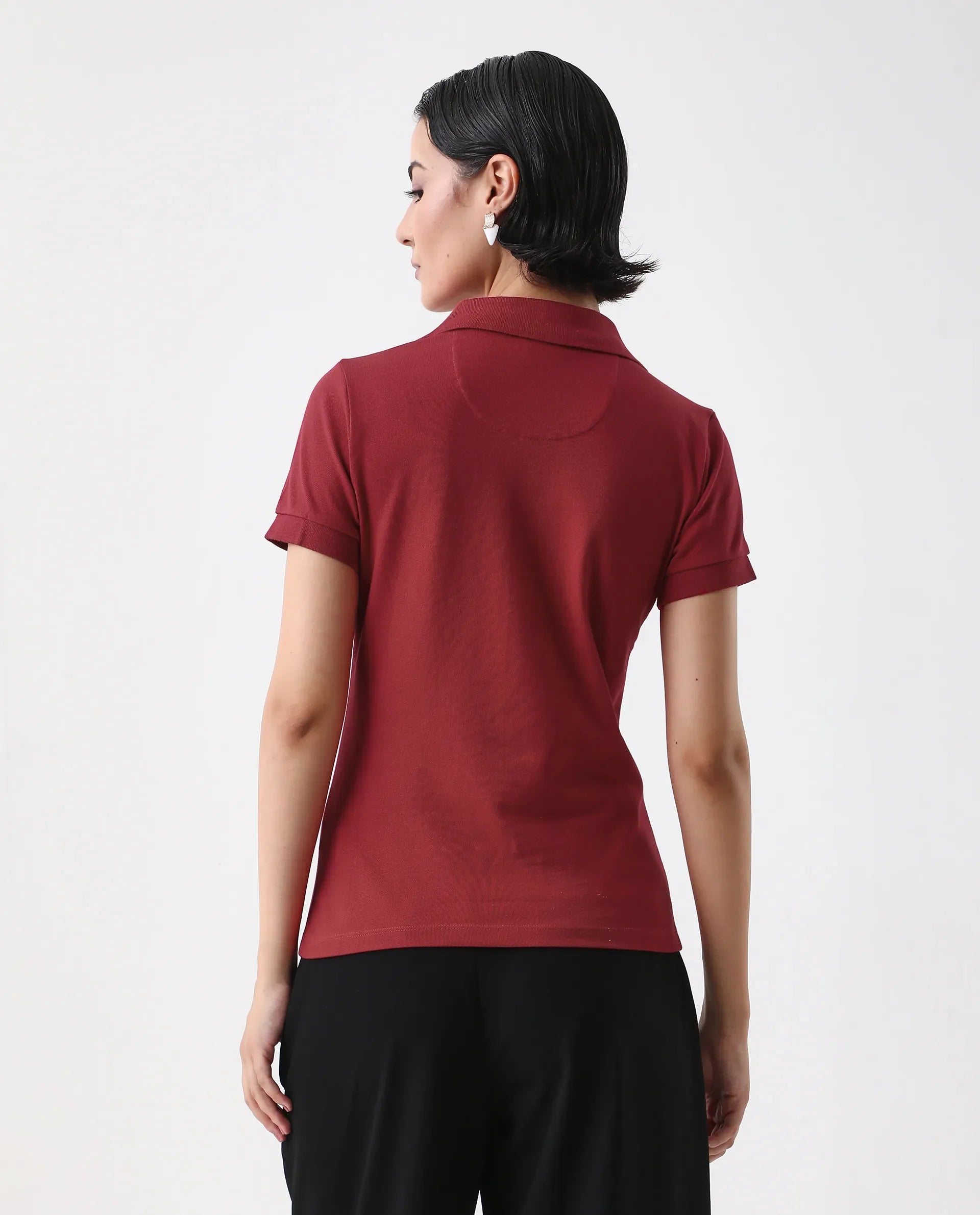 Rareism Women's Van Red Cotton Blend Polo Neck Plain Regular Fit Polo