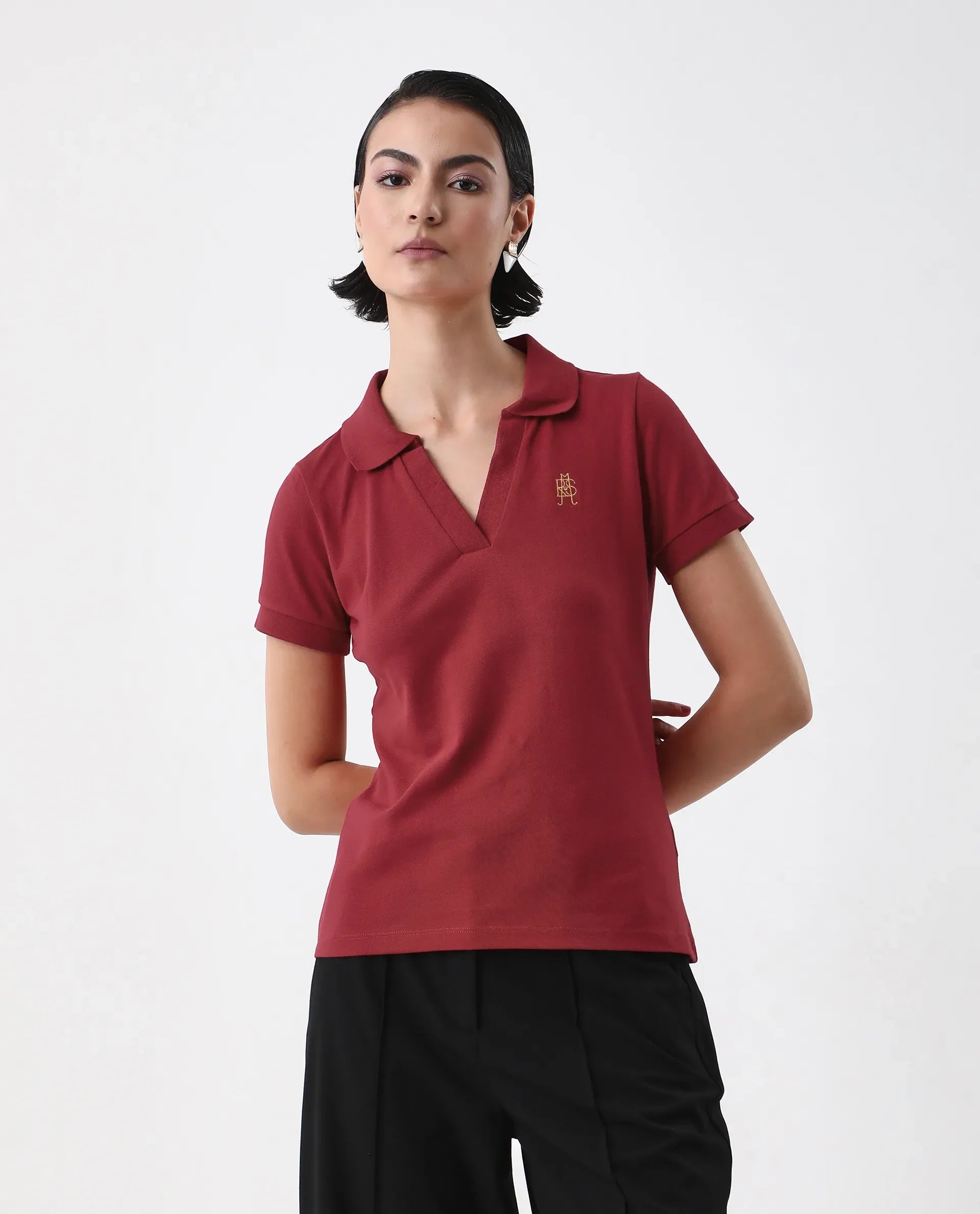 Rareism Women's Van Red Cotton Blend Polo Neck Plain Regular Fit Polo
