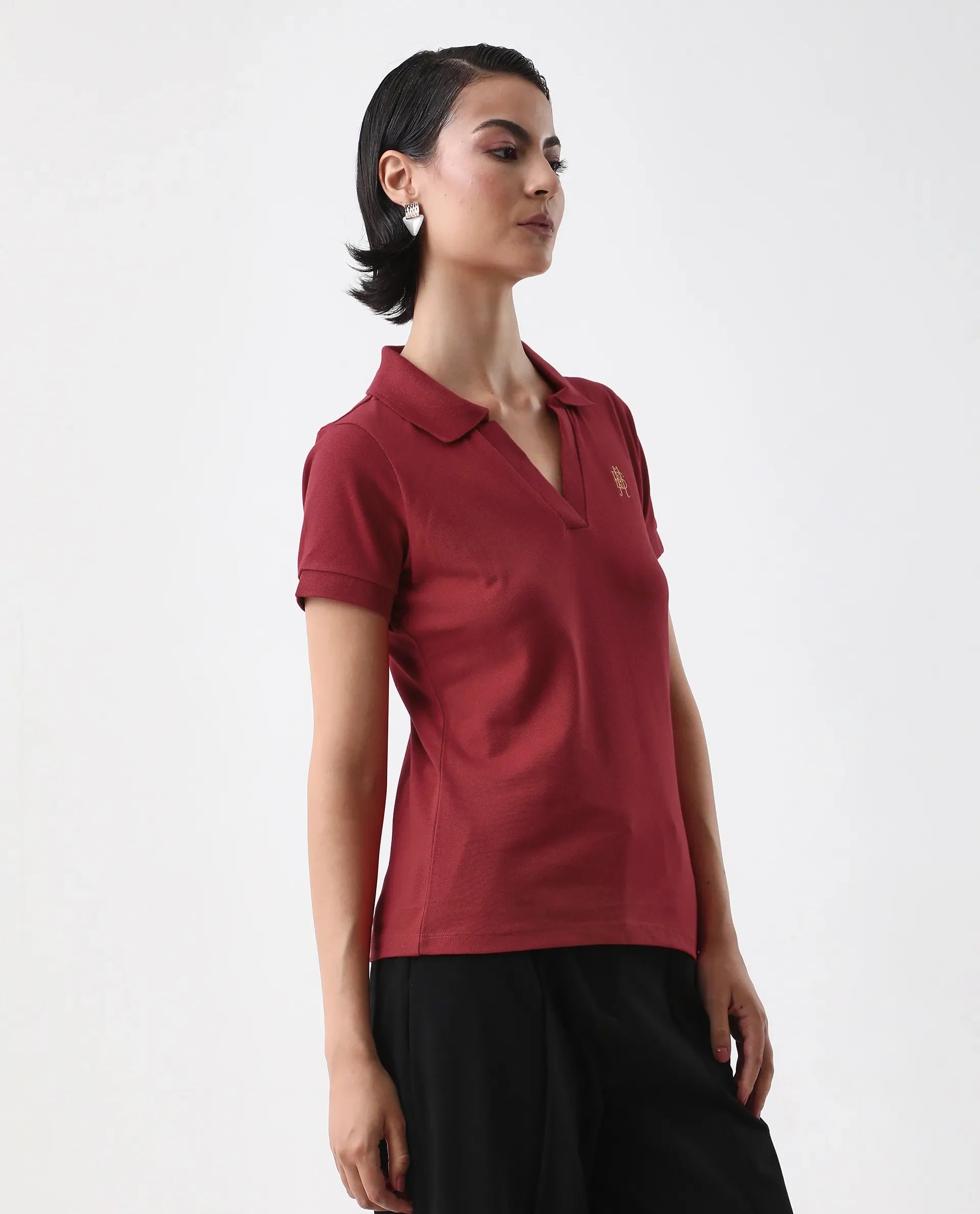 Rareism Women's Van Red Cotton Blend Polo Neck Plain Regular Fit Polo
