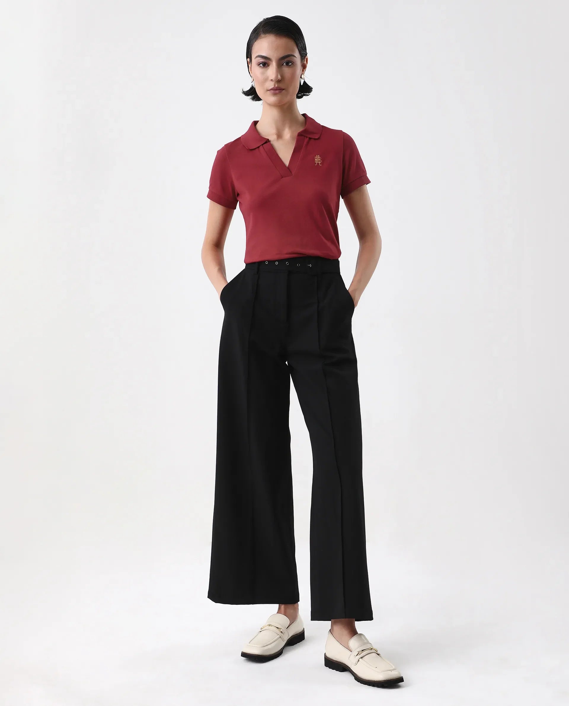 Rareism Women's Van Red Cotton Blend Polo Neck Plain Regular Fit Polo