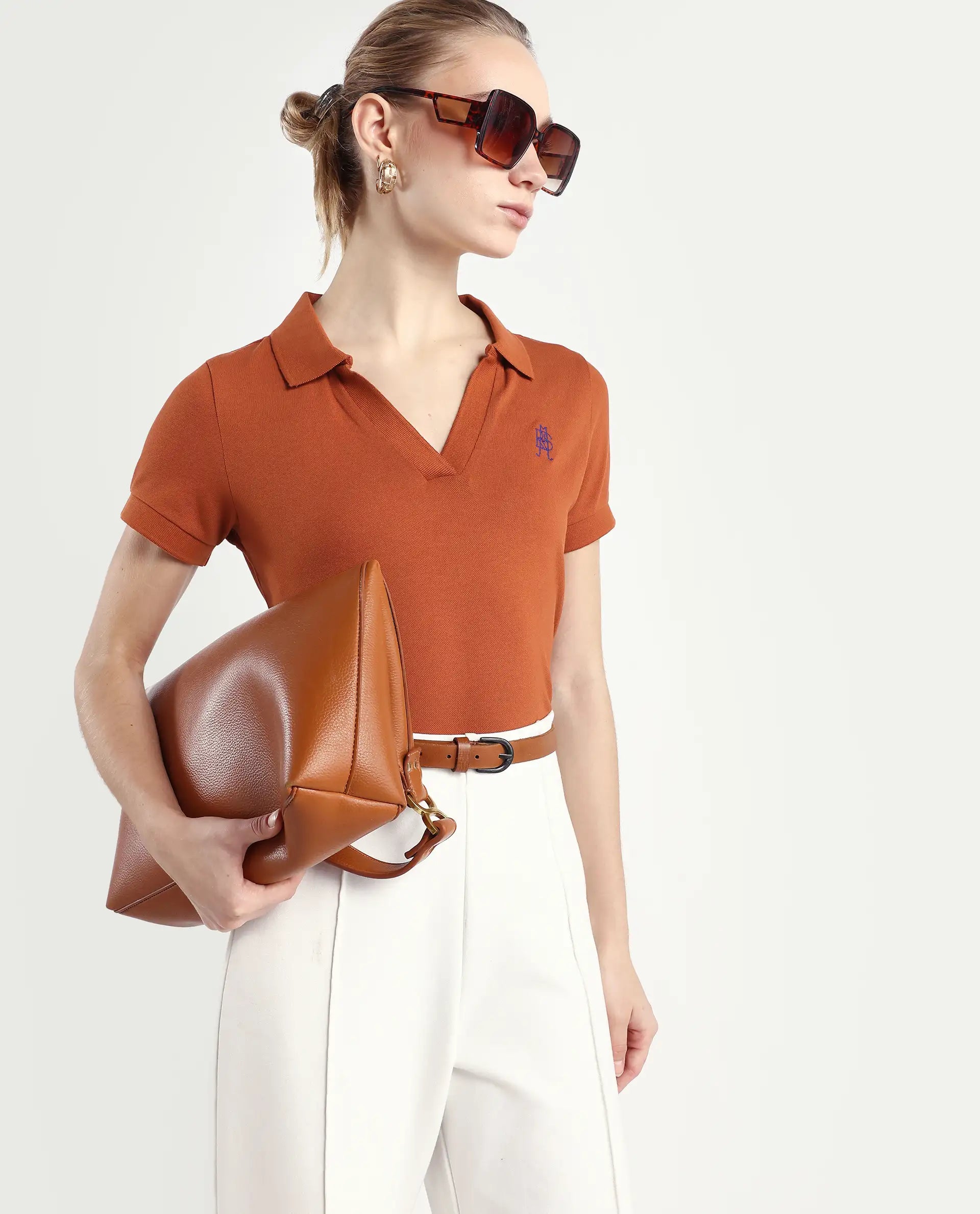 Rareism Women's Van-Rust Cotton Blend Polo Neck Plain Regular Fit Polo