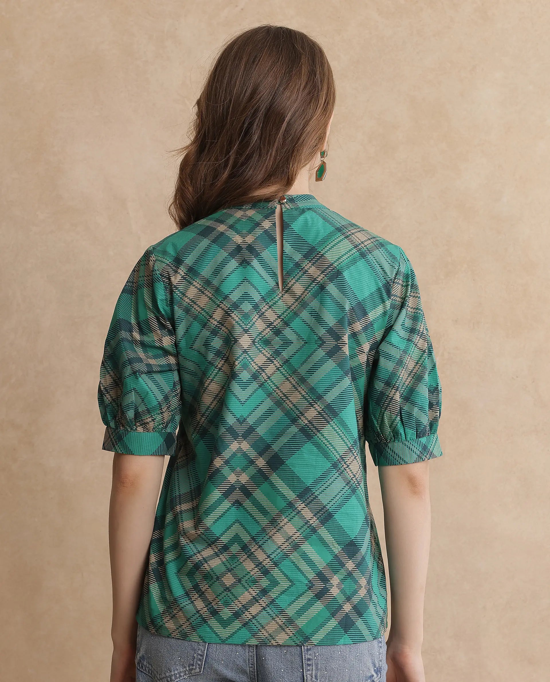 Rareism Women's Vante Green Cotton Mandarin Collar Flannel Print Puff Sleeves Regular Fit Top