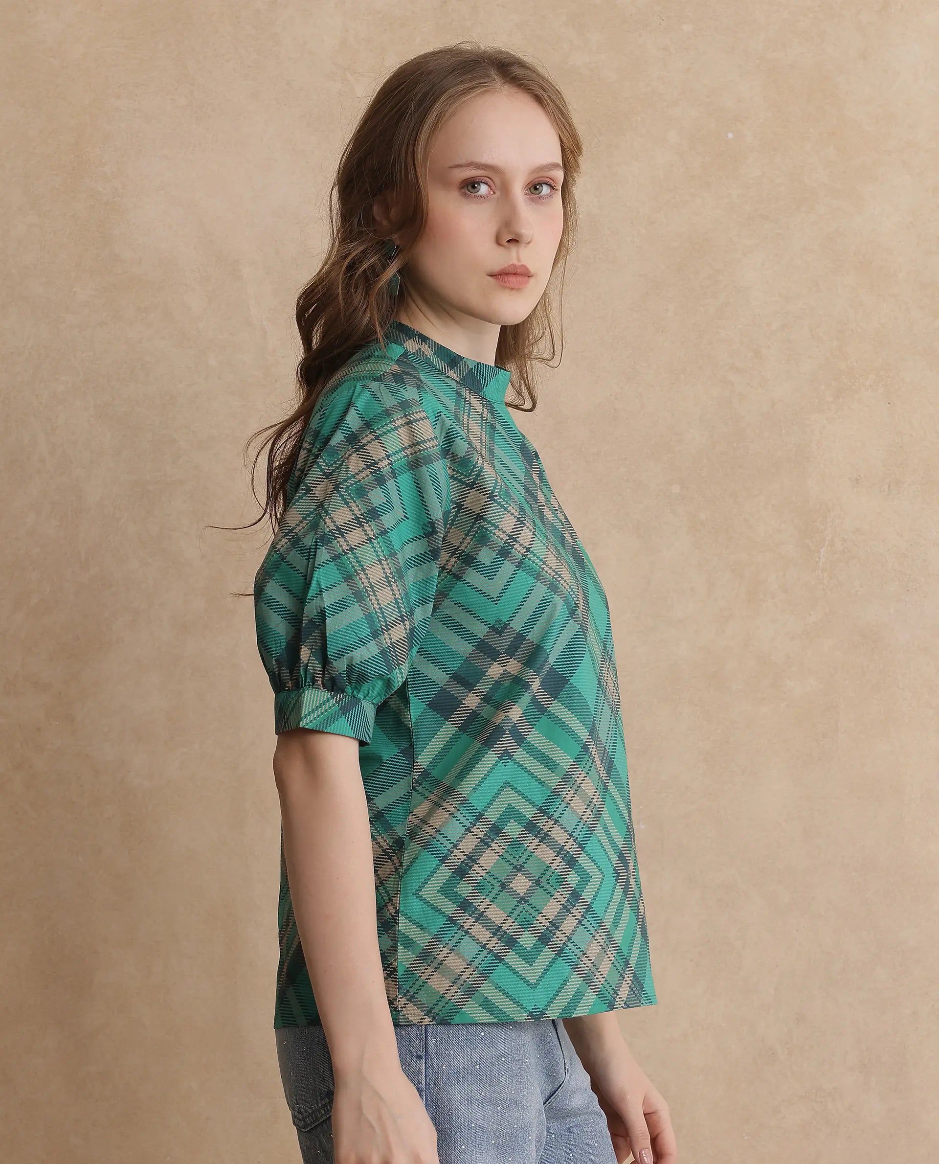 Rareism Women's Vante Green Cotton Mandarin Collar Flannel Print Puff Sleeves Regular Fit Top