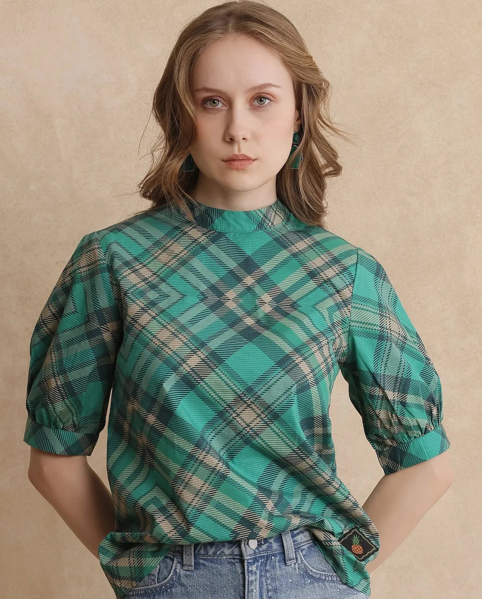 Rareism Women's Vante Green Cotton Mandarin Collar Flannel Print Puff Sleeves Regular Fit Top