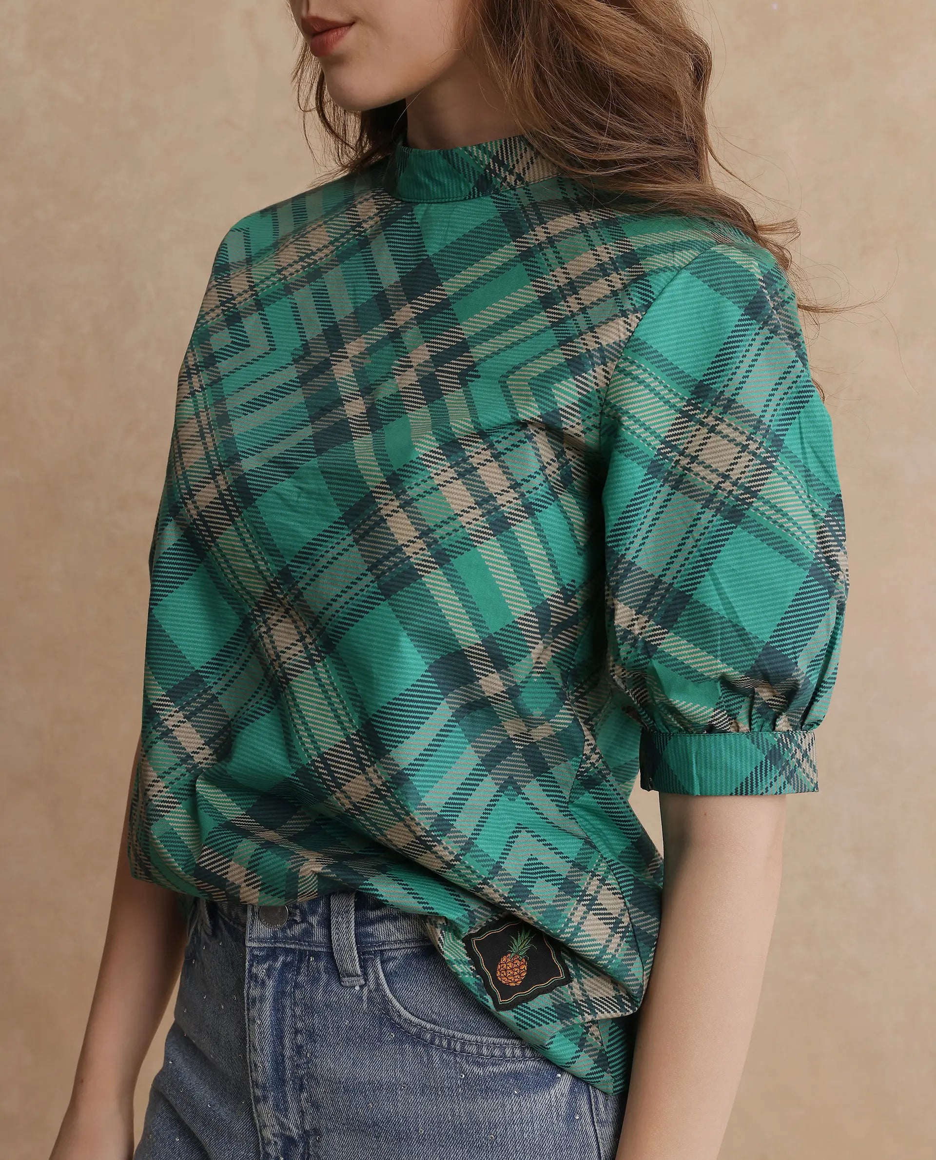 Rareism Women's Vante Green Cotton Mandarin Collar Flannel Print Puff Sleeves Regular Fit Top
