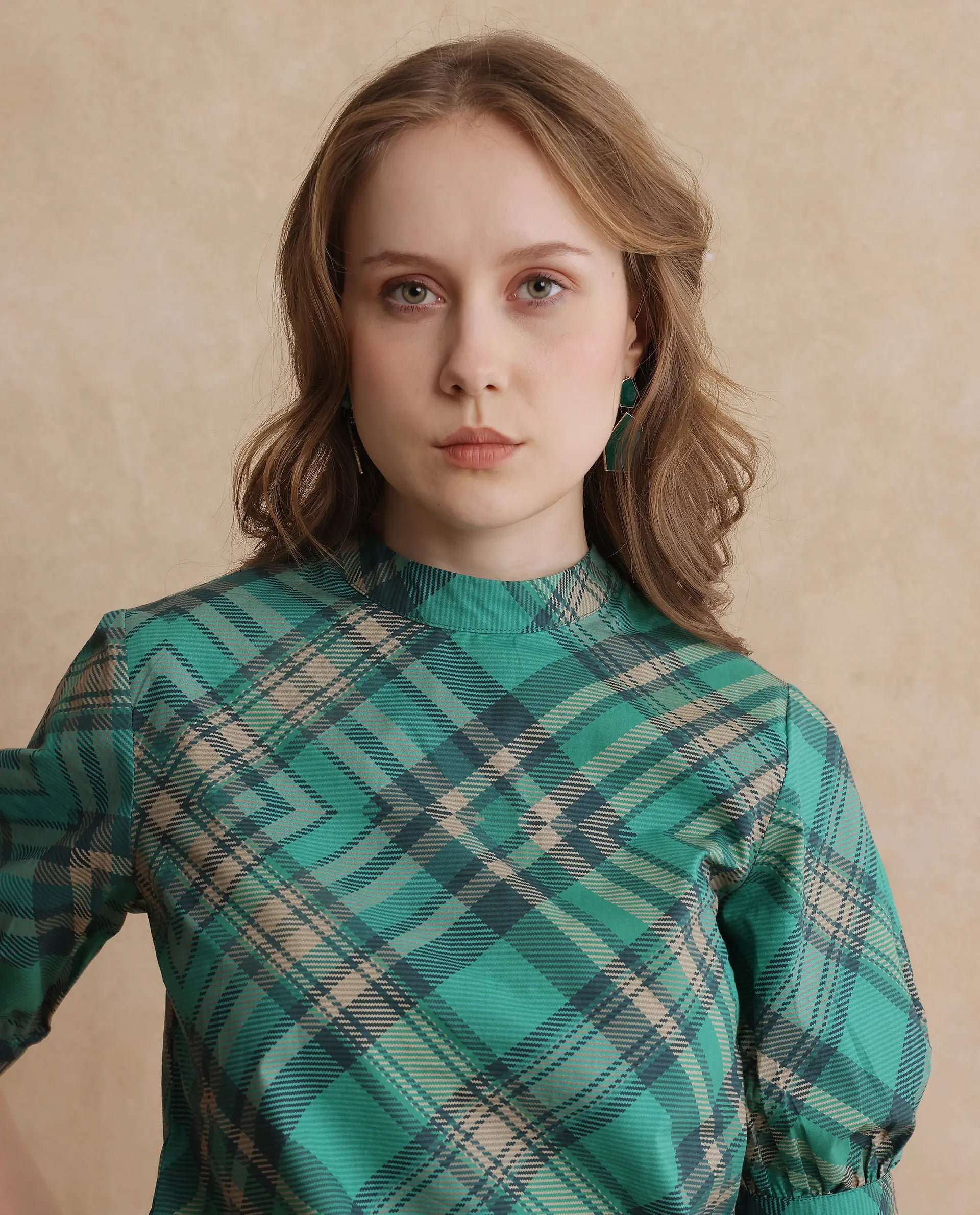 Rareism Women's Vante Green Cotton Mandarin Collar Flannel Print Puff Sleeves Regular Fit Top