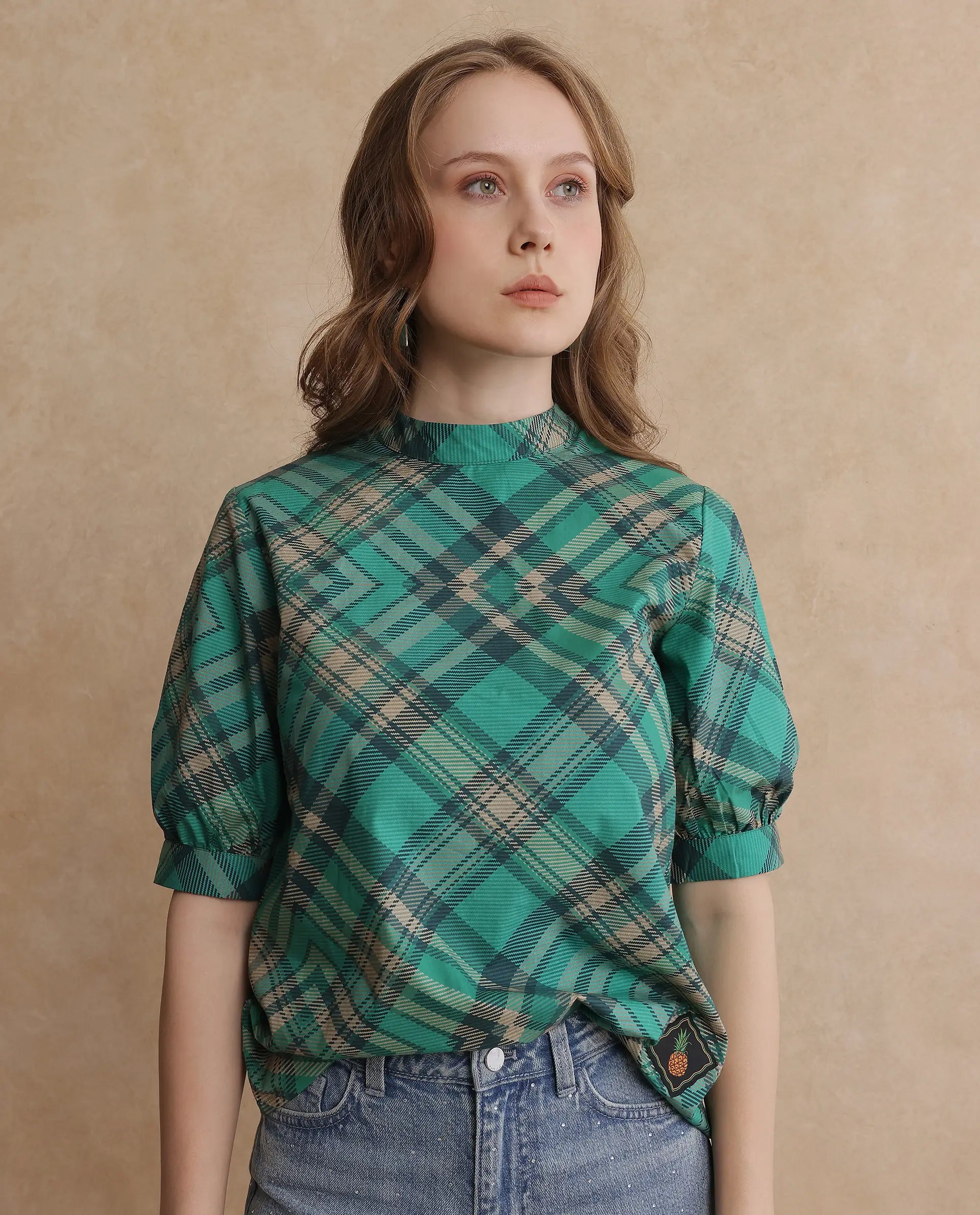 Rareism Women's Vante Green Cotton Mandarin Collar Flannel Print Puff Sleeves Regular Fit Top