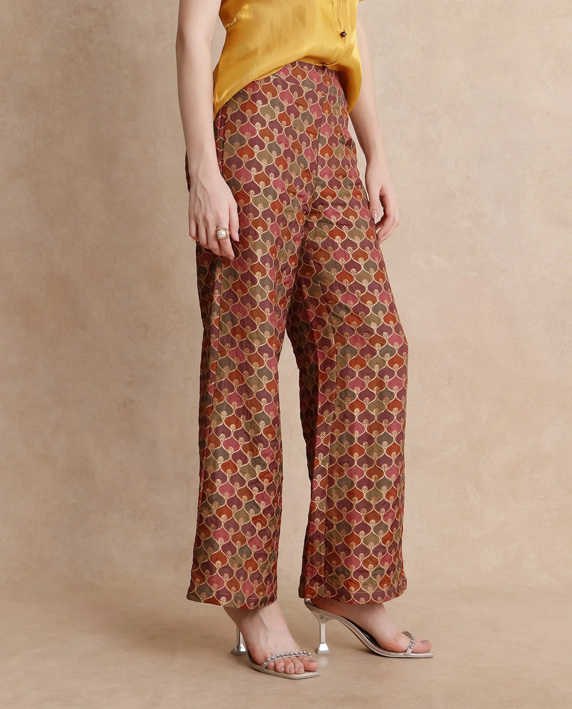 Rareism Women Varfa-B Multi Zipper Closure Flared Ankle Length Jacquard Trouser