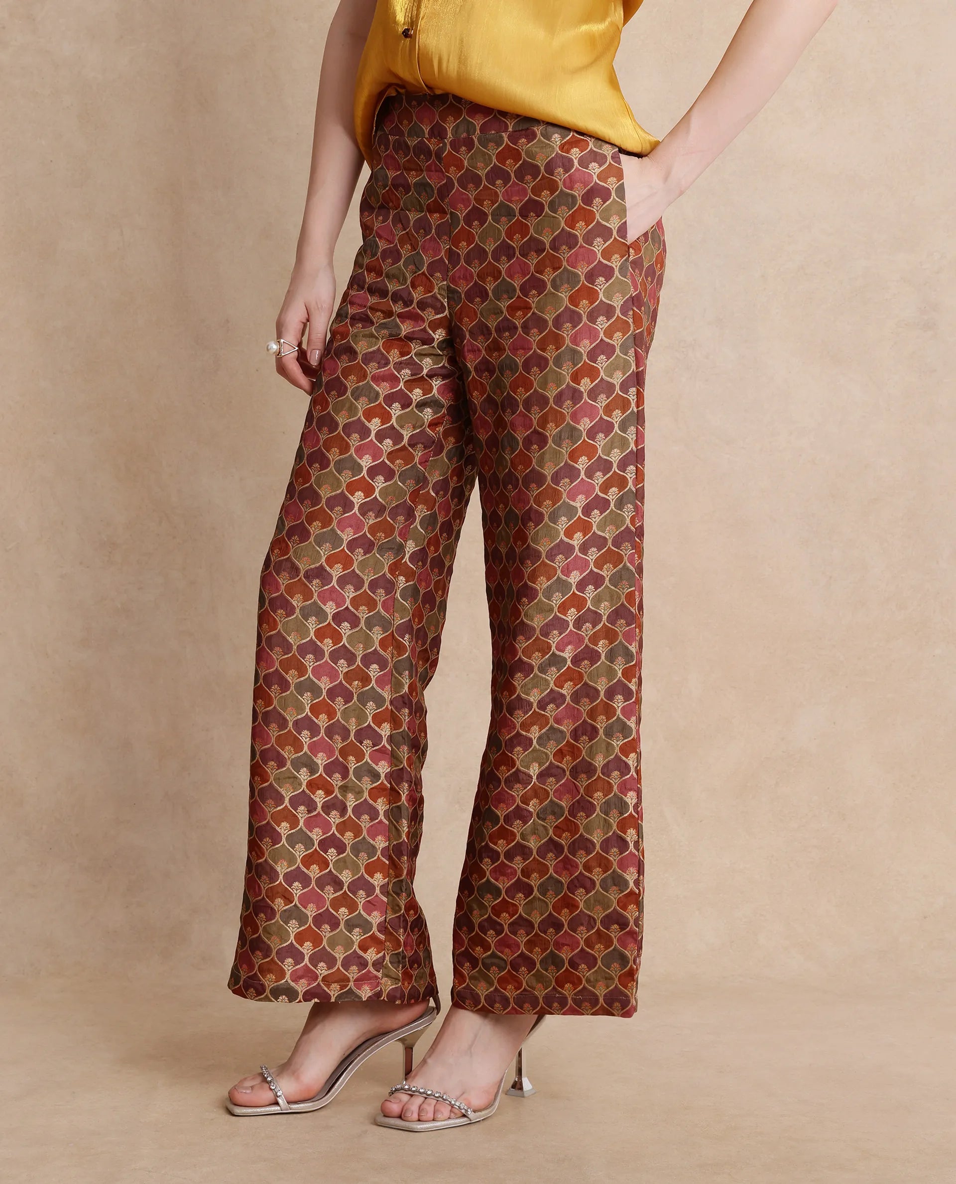 Rareism Women Varfa-B Multi Zipper Closure Flared Ankle Length Jacquard Trouser