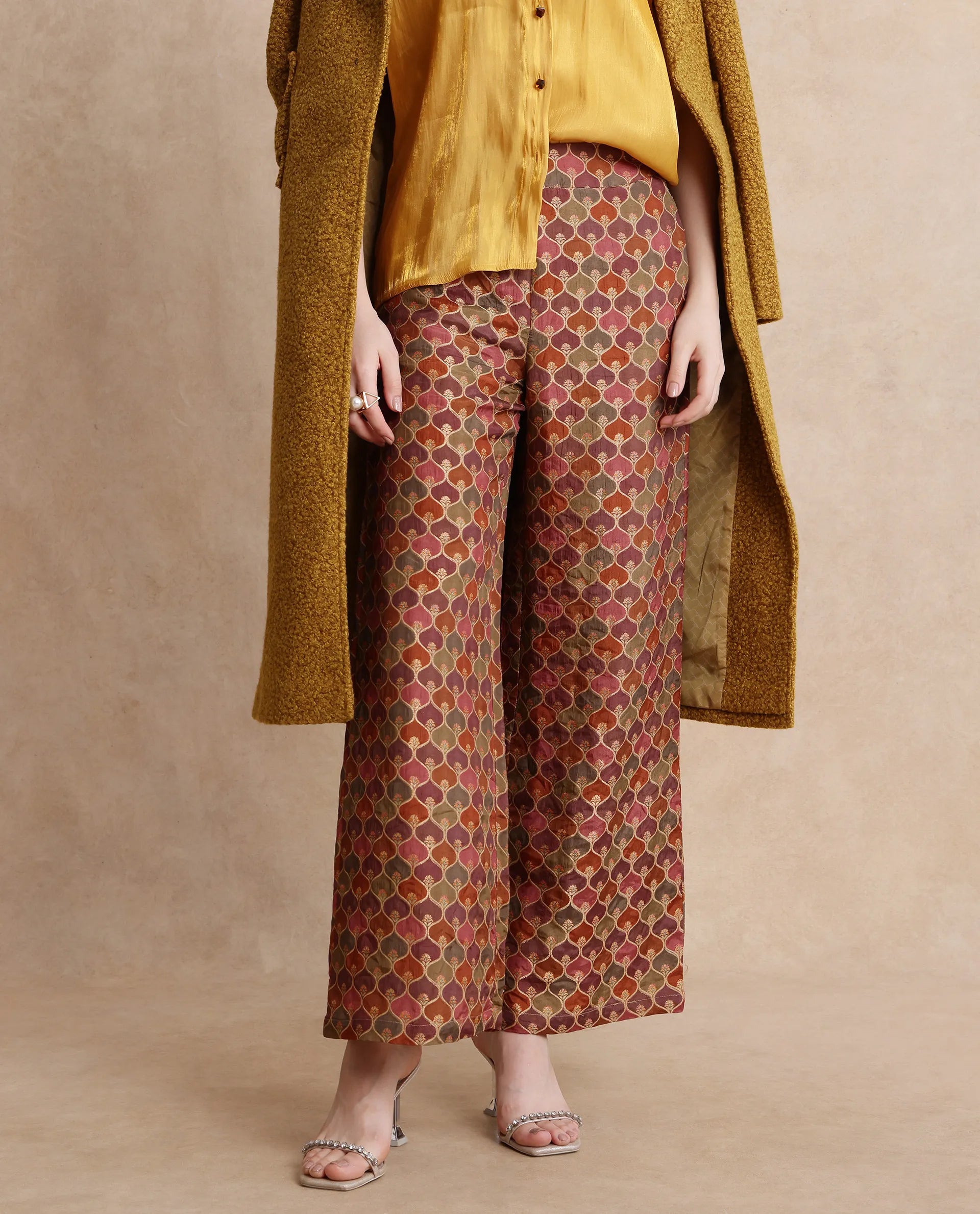 Rareism Women Varfa-B Multi Zipper Closure Flared Ankle Length Jacquard Trouser