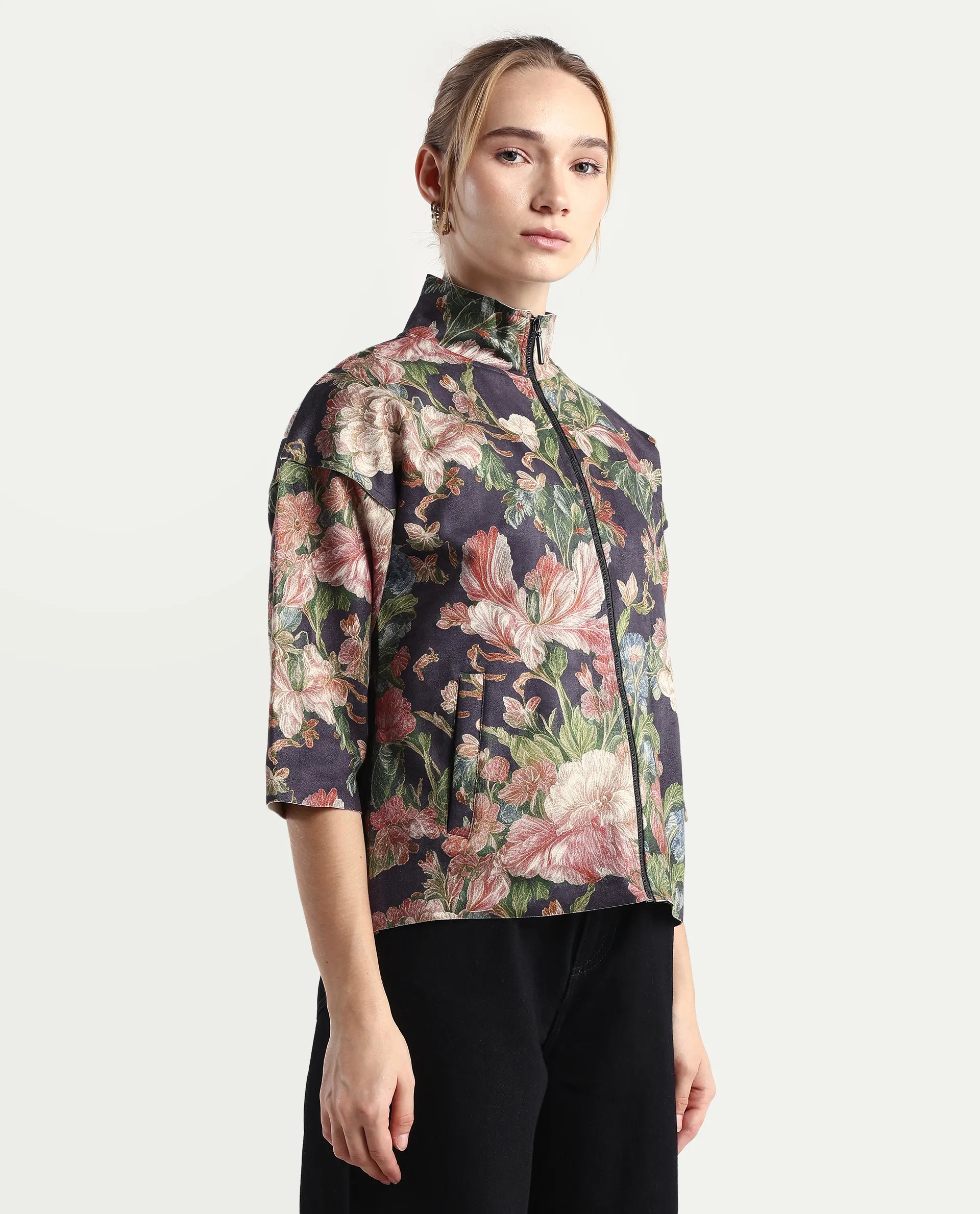 Rareism Women's Varo Grey Polyester Blend High Neck Boxy Fit Jacket