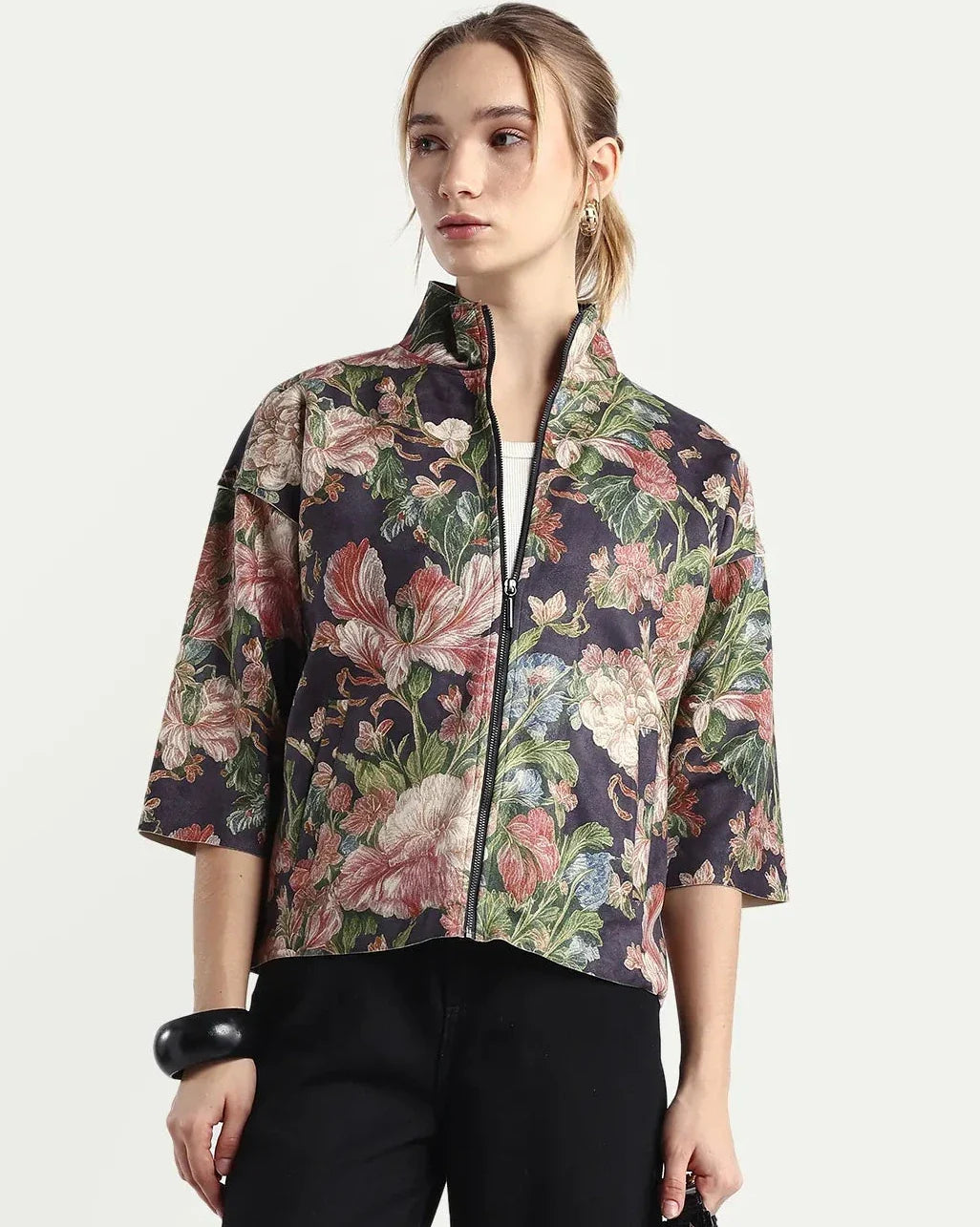 Rareism Women's Varo Grey Polyester Blend High Neck Boxy Fit Jacket