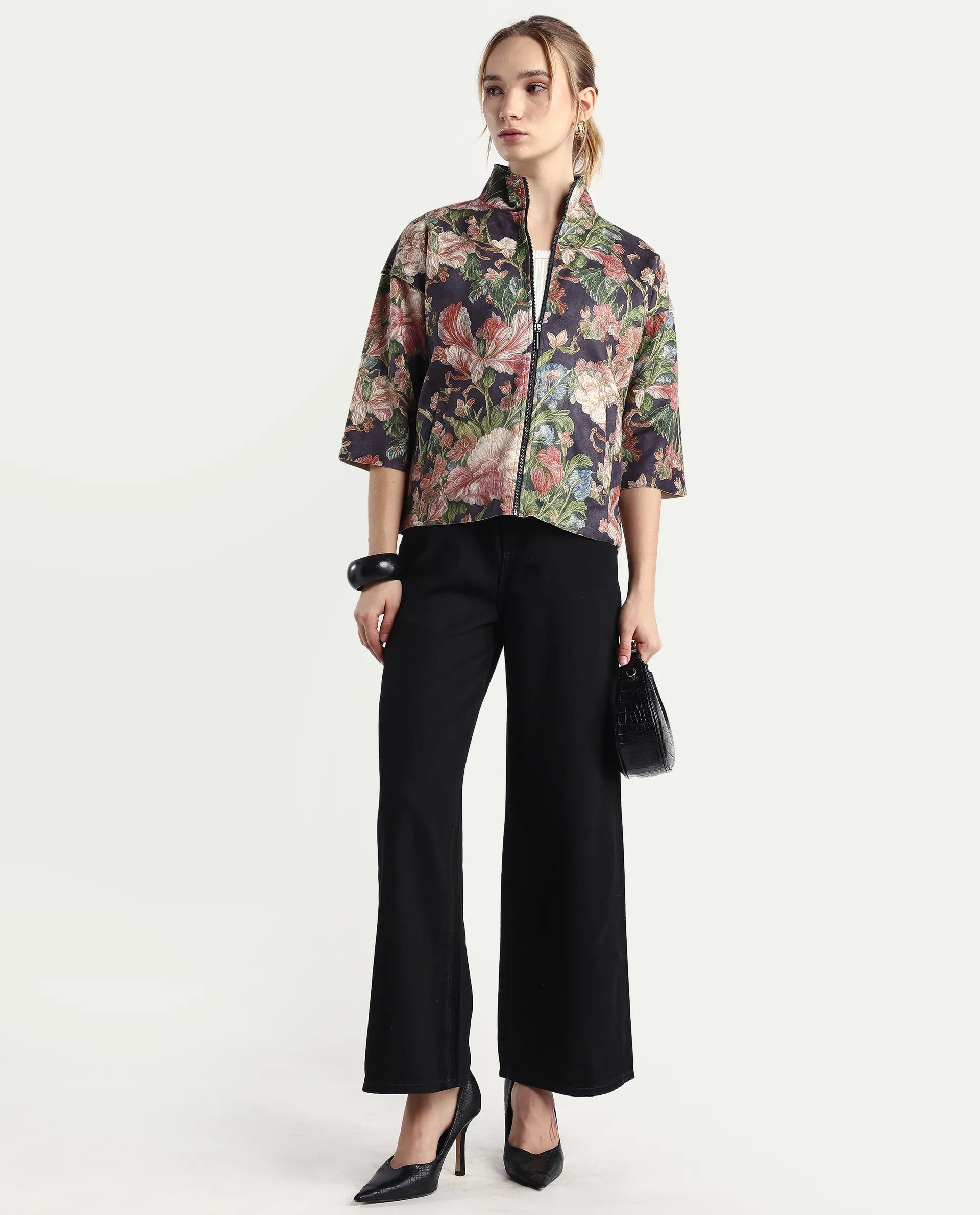 Rareism Women's Varo Grey Polyester Blend High Neck Boxy Fit Jacket