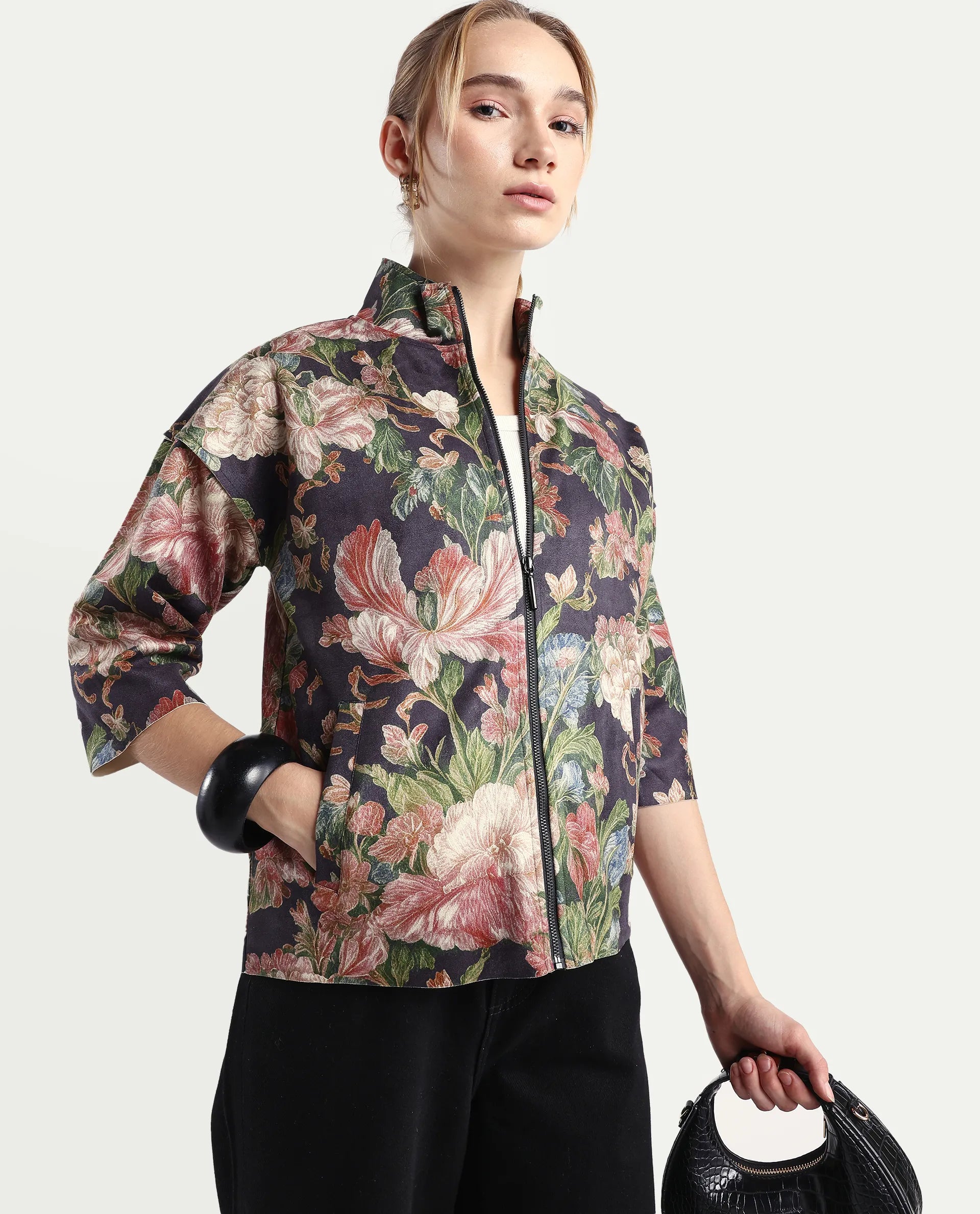 Rareism Women's Varo Grey Polyester Blend High Neck Boxy Fit Jacket