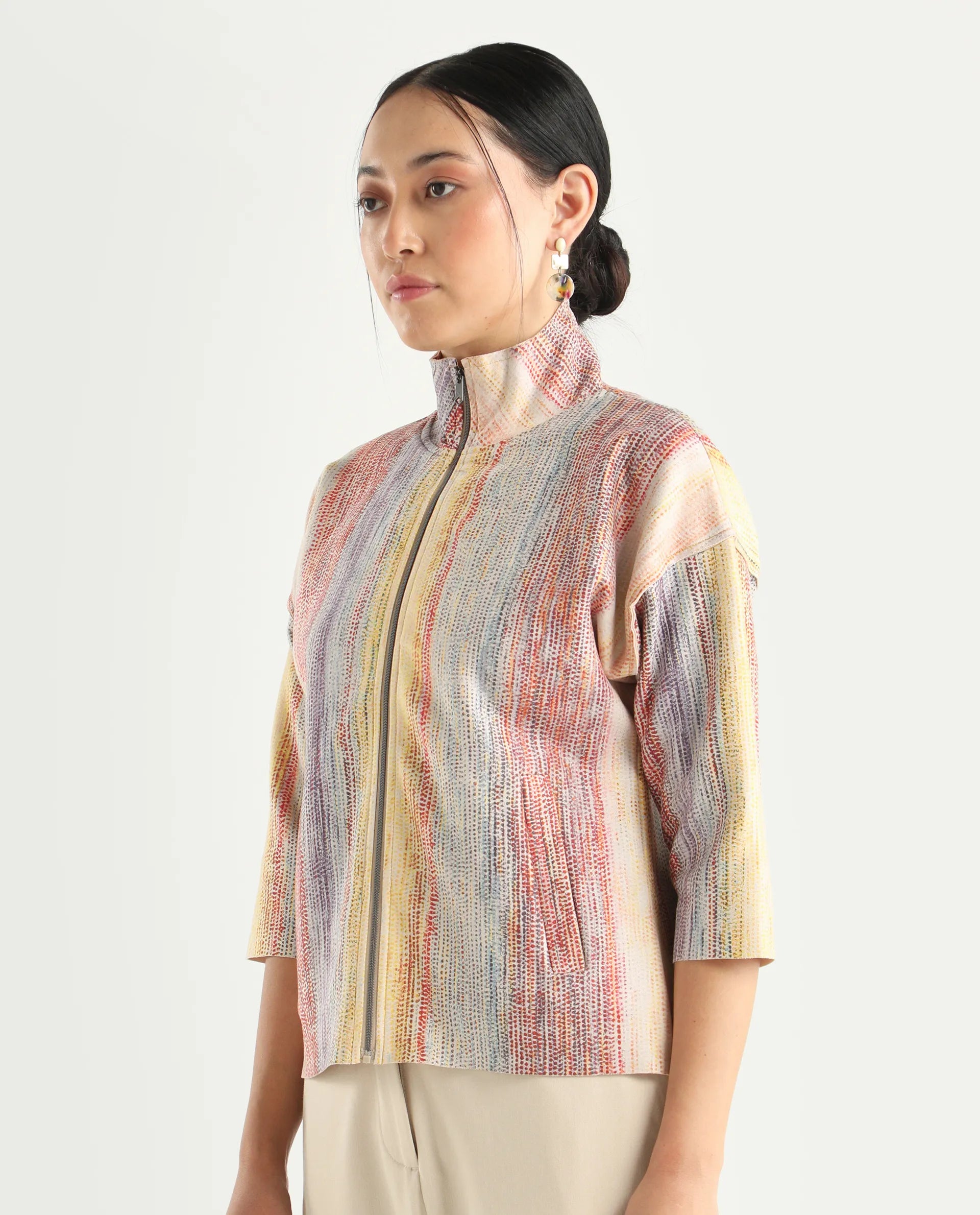 Rareism Women's Vasa Light Multi Suede Stand Collar Abstract Print Boxy Fit Jacket