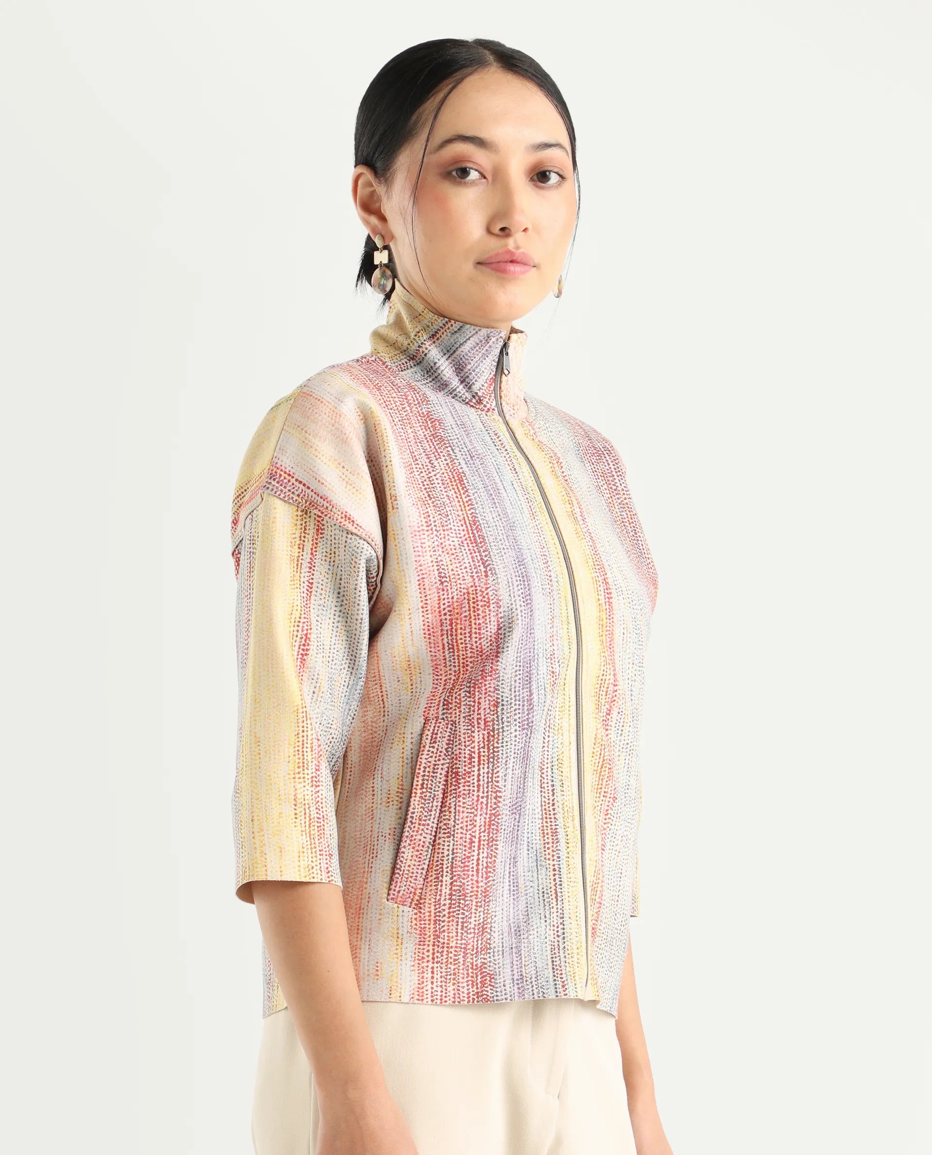Rareism Women's Vasa Light Multi Suede Stand Collar Abstract Print Boxy Fit Jacket
