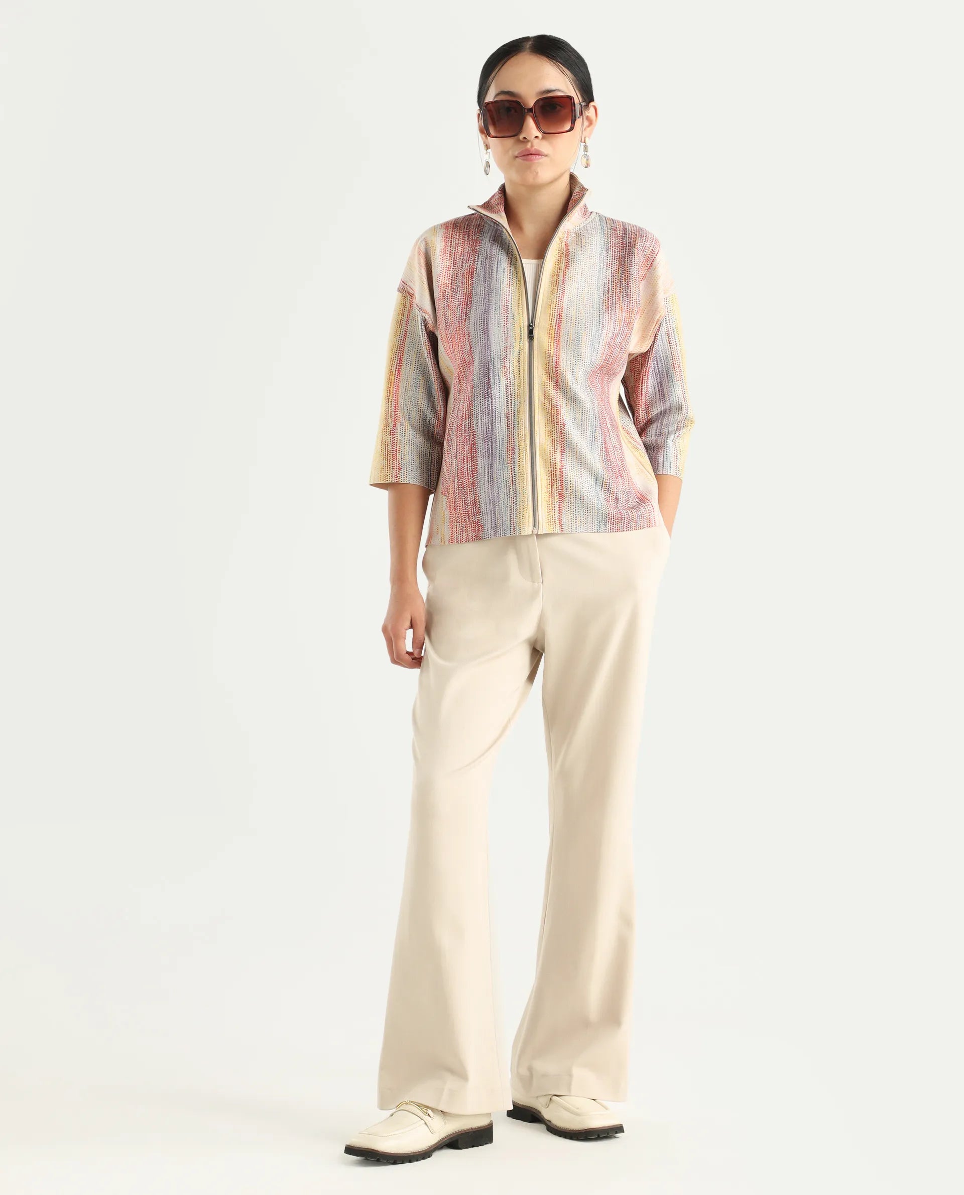Rareism Women's Vasa Light Multi Suede Stand Collar Abstract Print Boxy Fit Jacket
