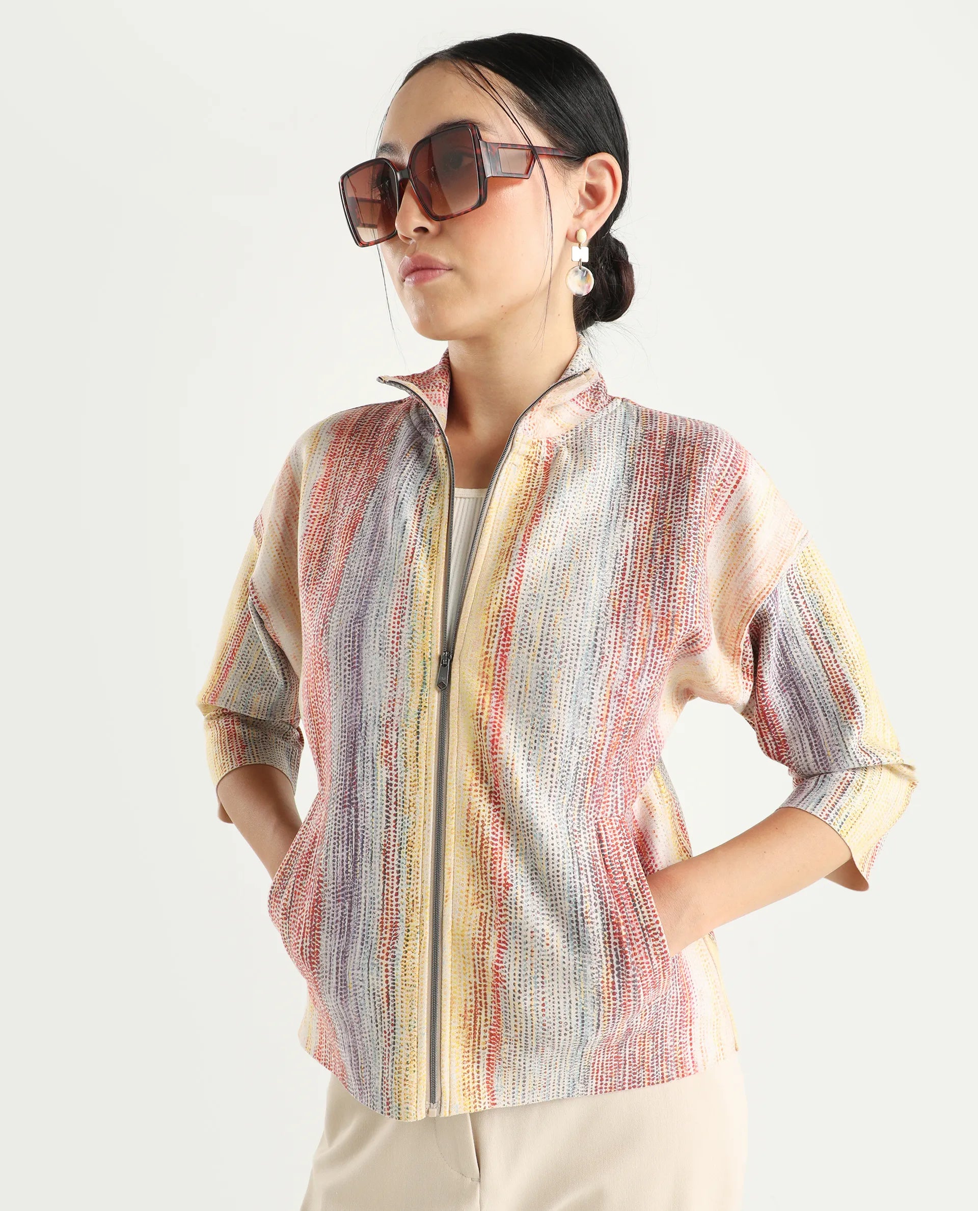 Rareism Women's Vasa Light Multi Suede Stand Collar Abstract Print Boxy Fit Jacket