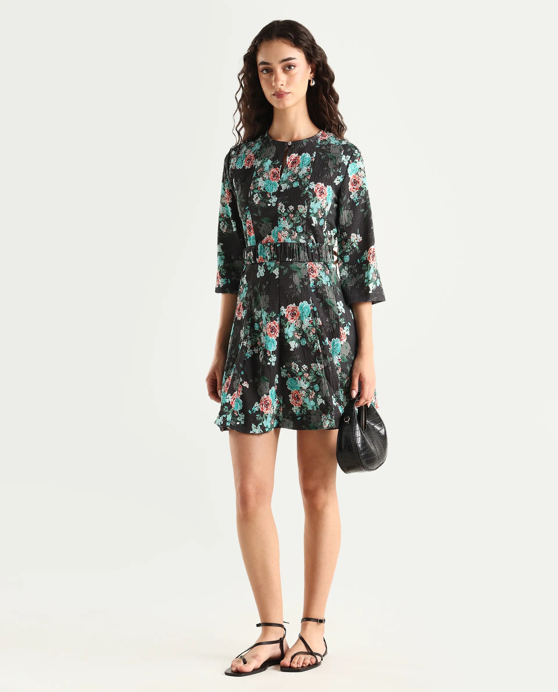 Rareism Women's Vasec Grey Key Hole Neck Floral Print Knee Length Regular Fit Dress