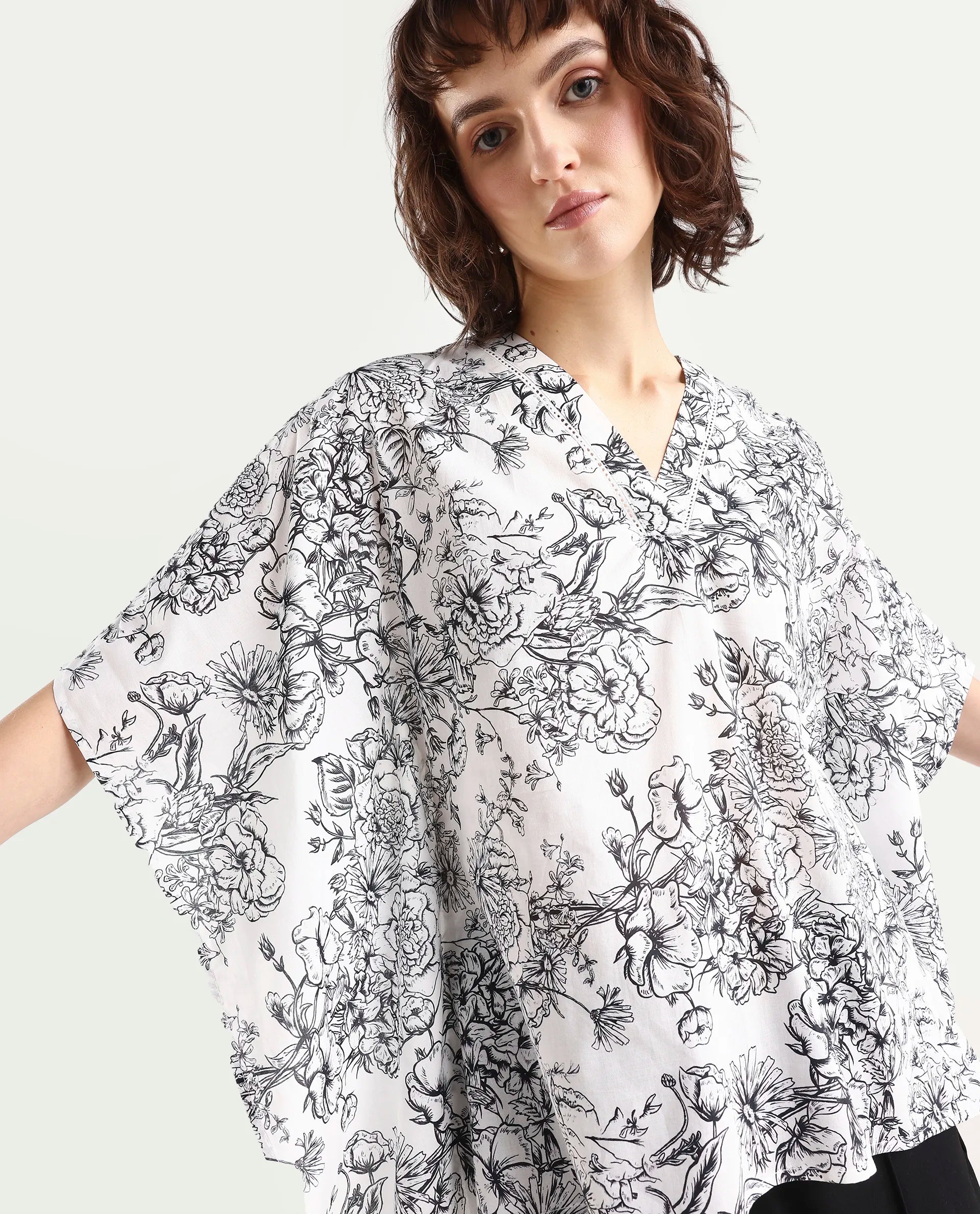 Rareism Women's Vasil White Cotton Half Sleeve V-Neck Regular Fit Floral Print Top