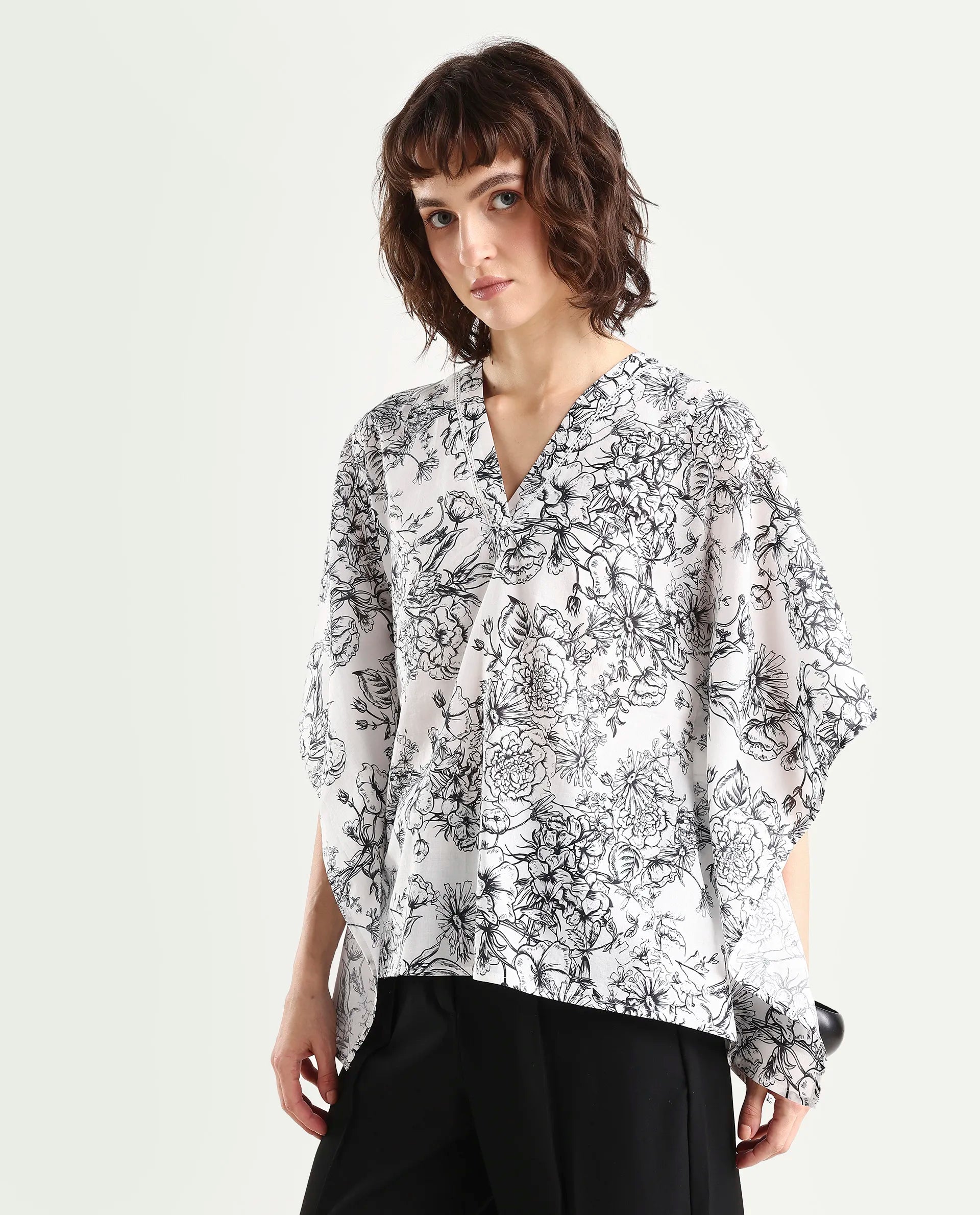 Rareism Women's Vasil White Cotton Half Sleeve V-Neck Regular Fit Floral Print Top