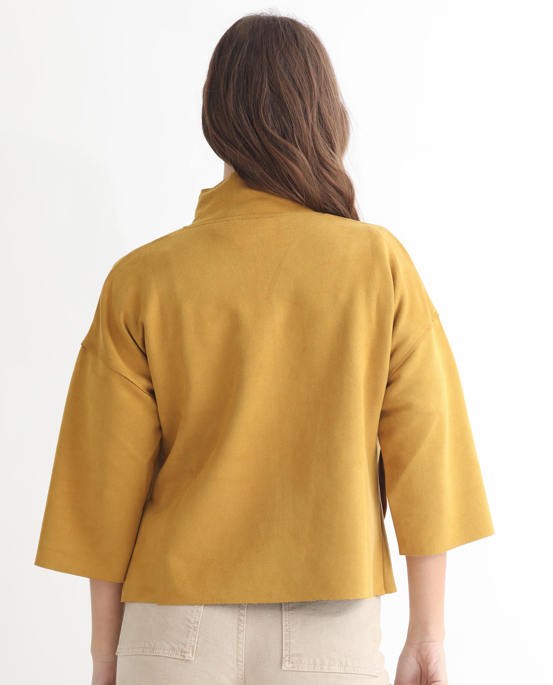 Rareism Women's Vasu 1 Mustard Suede Mandarin Collar Plain Regular Fit Jacket