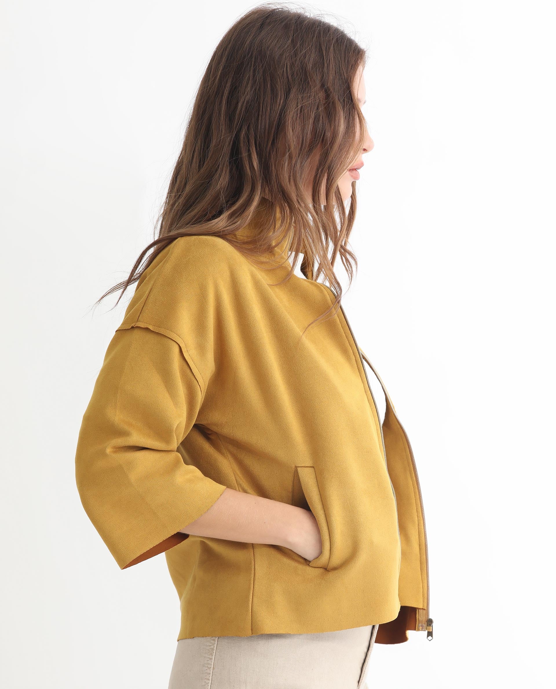 Rareism Women's Vasu 1 Mustard Suede Mandarin Collar Plain Regular Fit Jacket