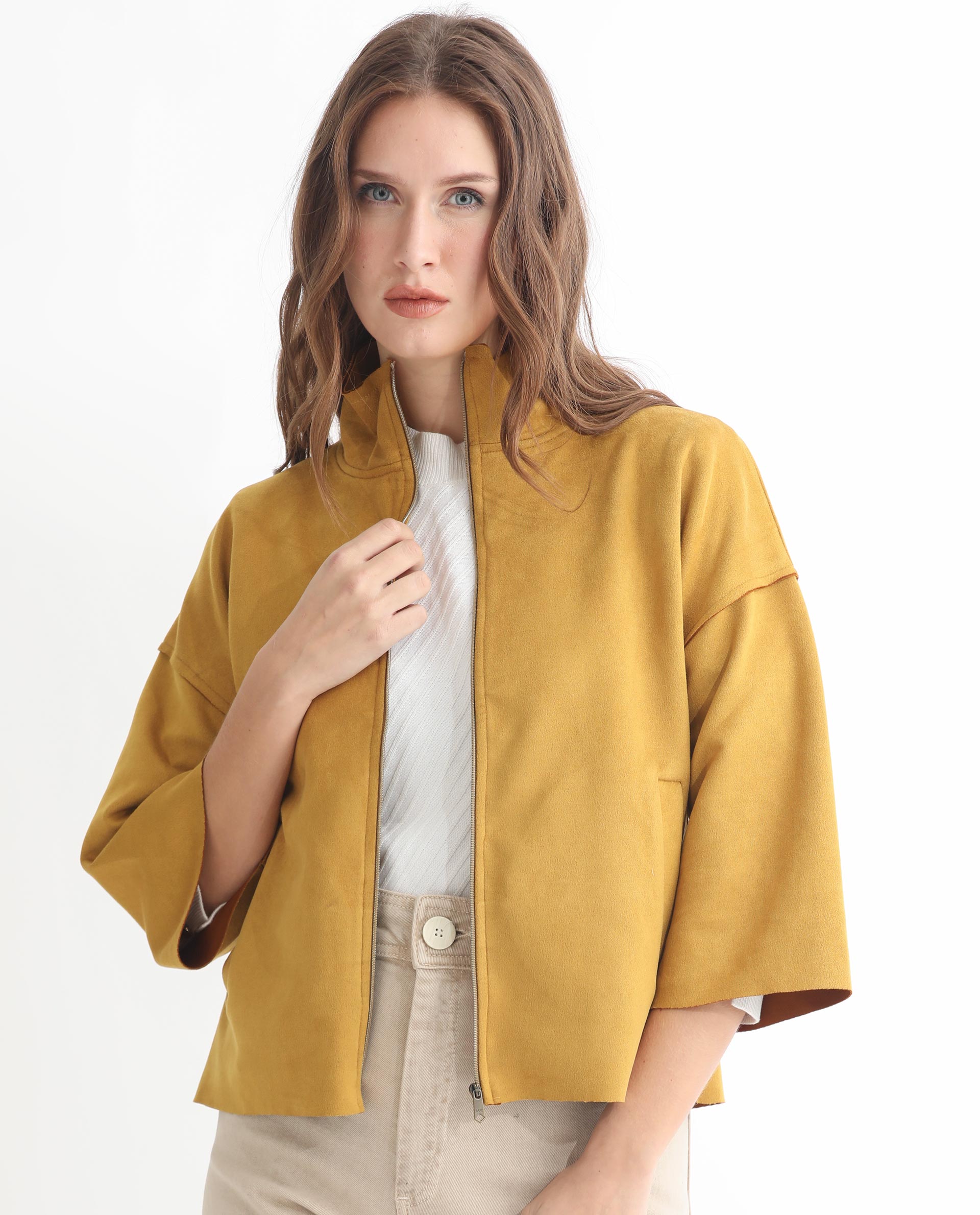 Rareism Women's Vasu 1 Mustard Suede Mandarin Collar Plain Regular Fit Jacket