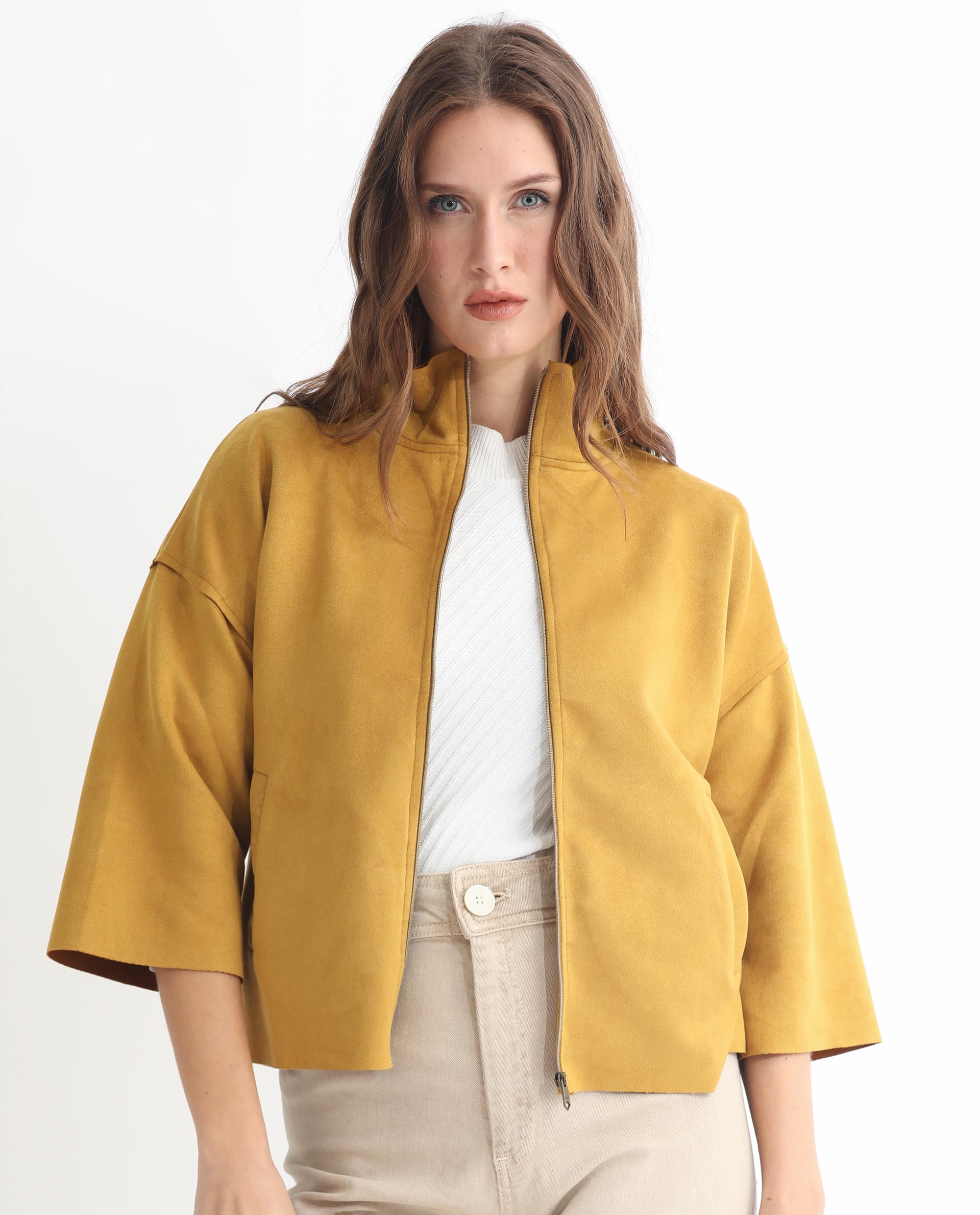 Rareism Women Vasu 1 Mustard Polyester Fabric 3/4Th Sleeves Solid Mandarin Collar Jacket