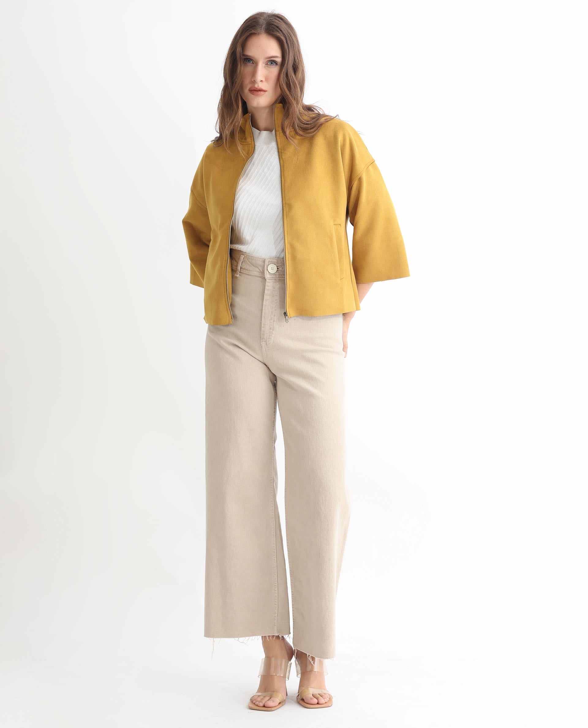 Rareism Women's Vasu 1 Mustard Suede Mandarin Collar Plain Regular Fit Jacket