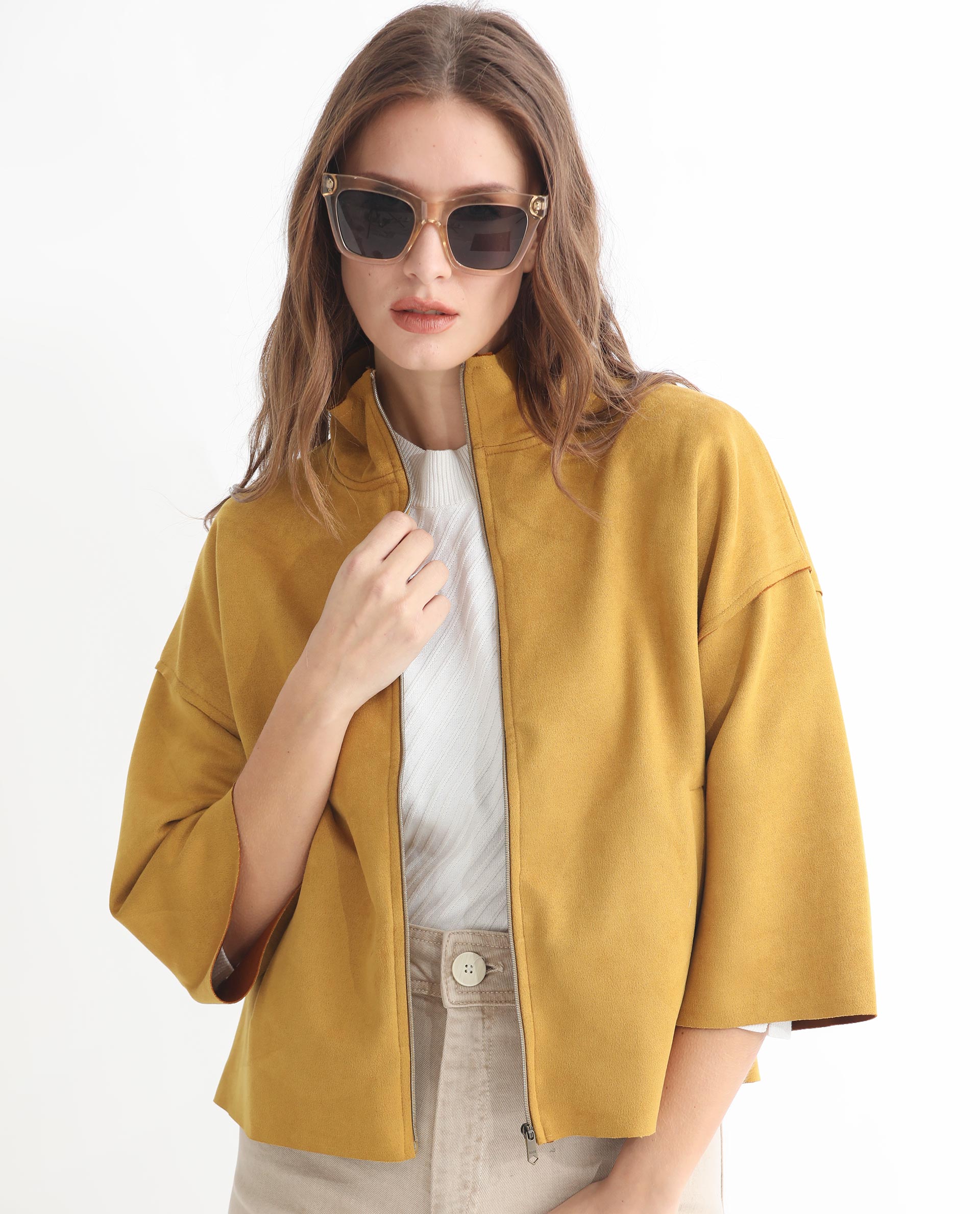 Rareism Women Vasu 1 Mustard Polyester Fabric 3/4Th Sleeves Solid Mandarin Collar Jacket