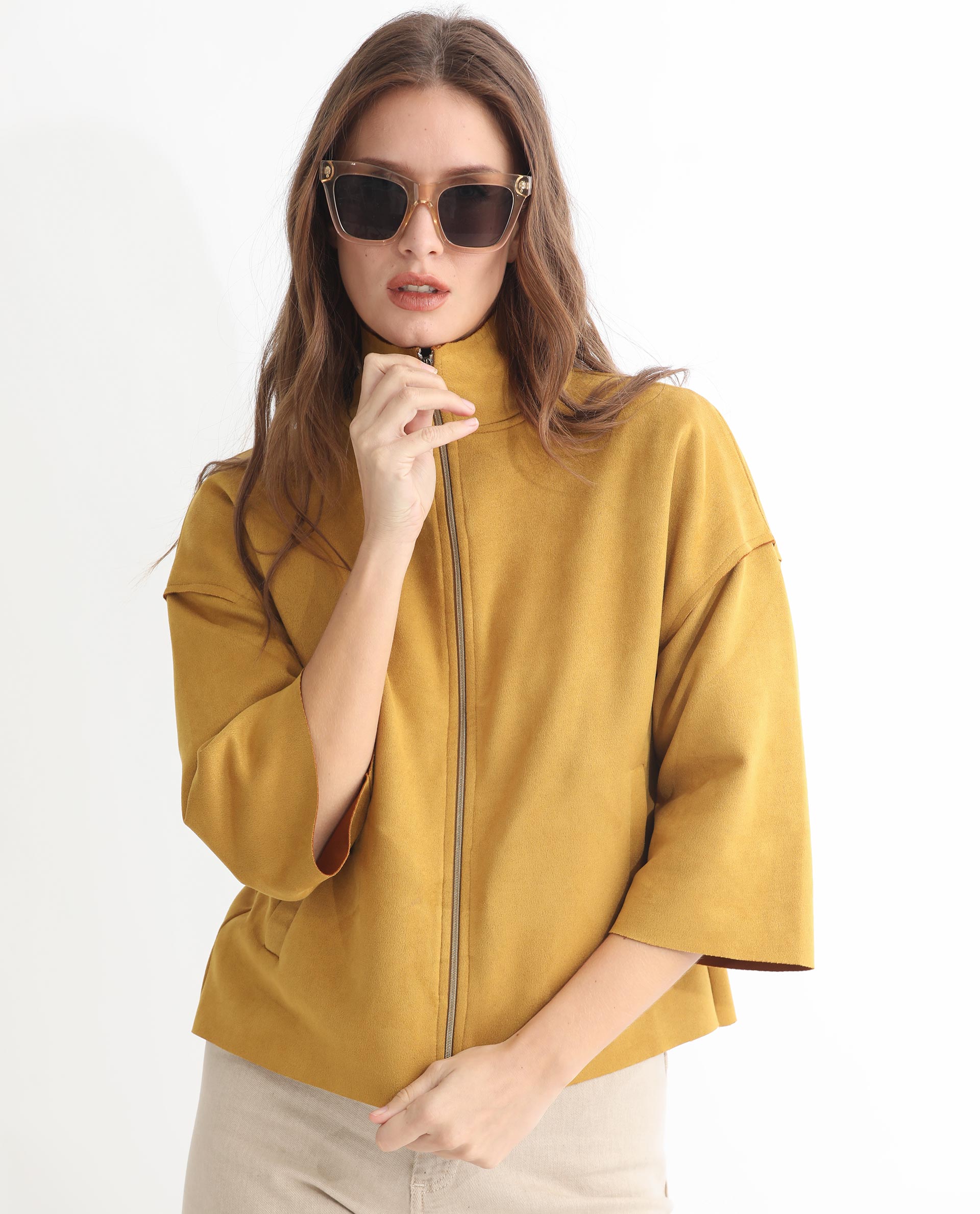 Rareism Women's Vasu 1 Mustard Suede Mandarin Collar Plain Regular Fit Jacket