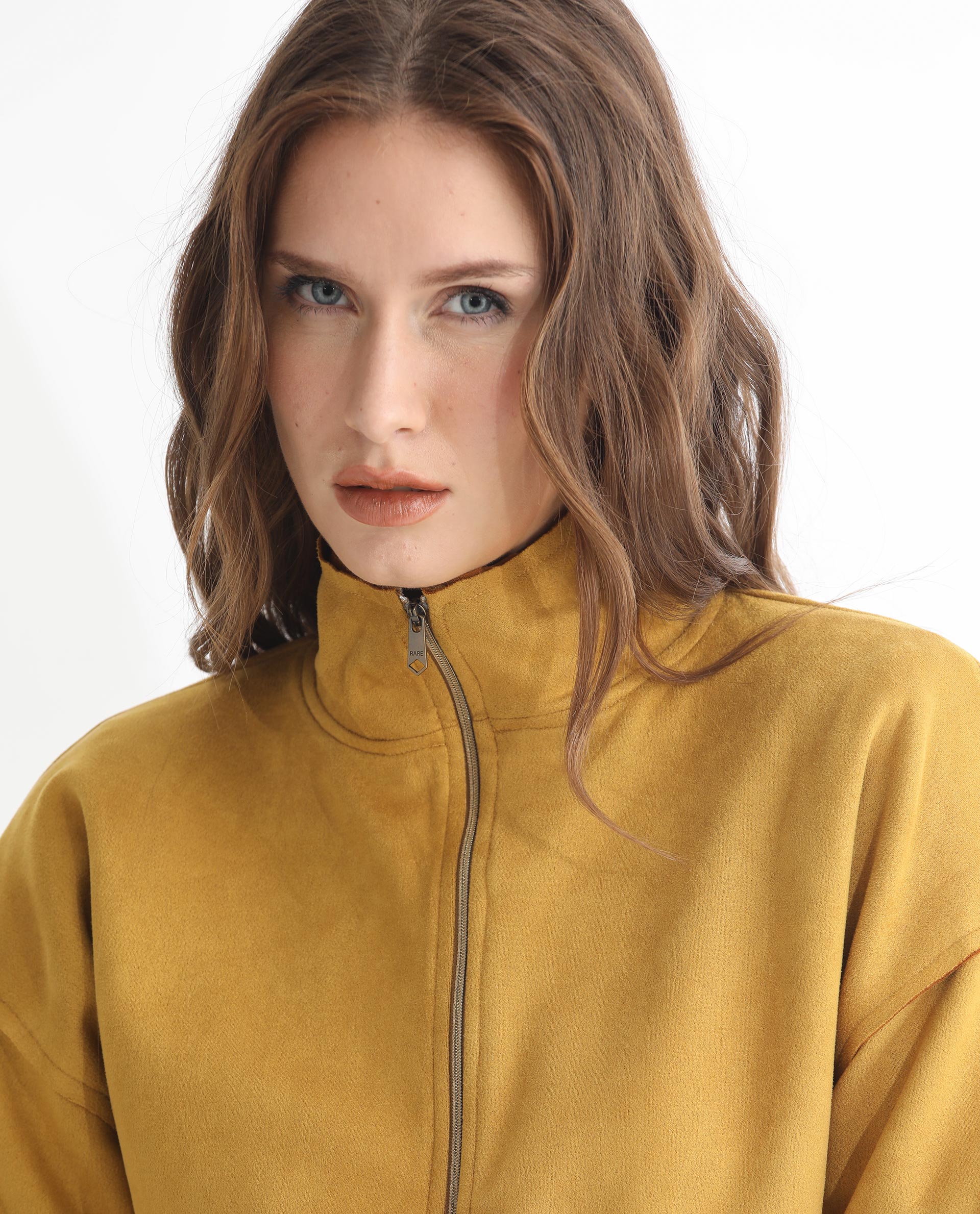 Rareism Women's Vasu 1 Mustard Suede Mandarin Collar Plain Regular Fit Jacket