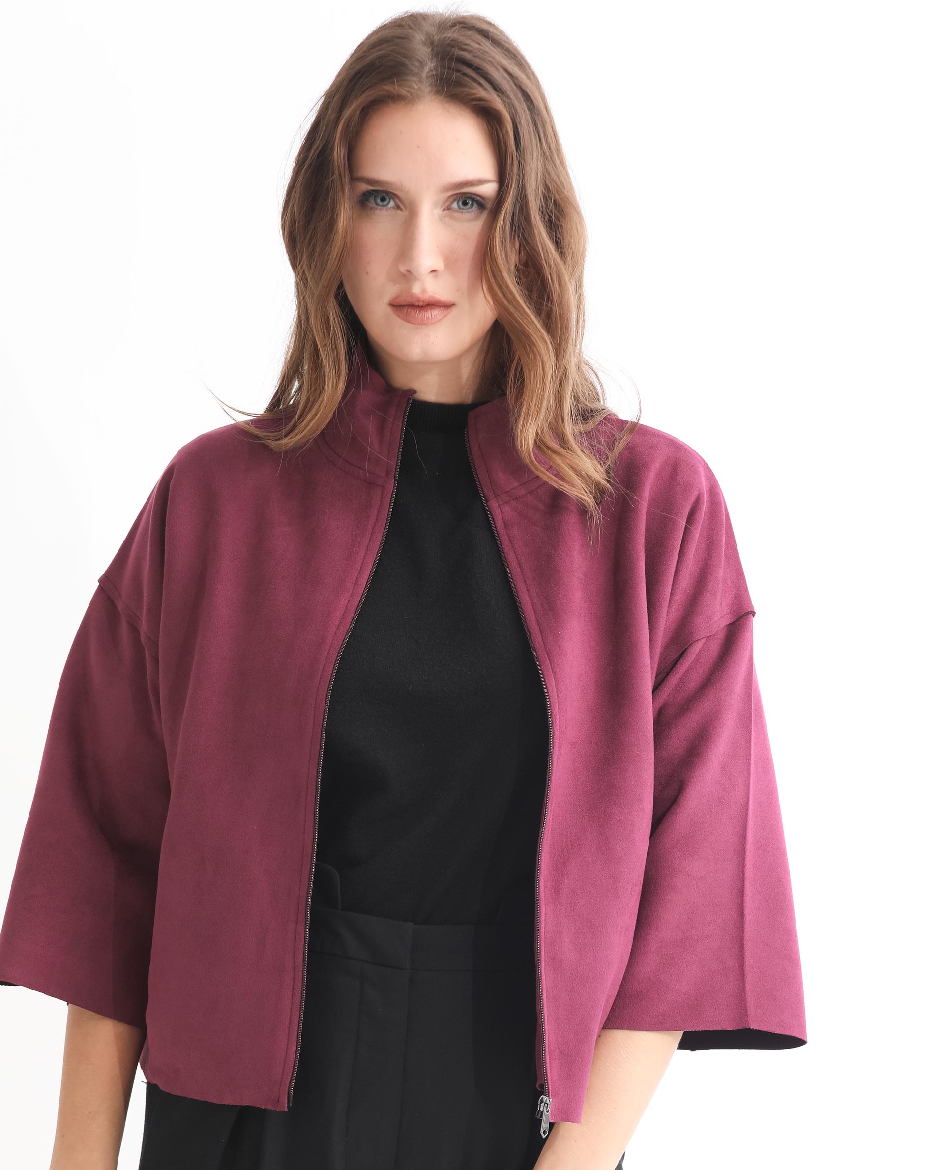 Rareism Women's Vasu 1 Pink Suede Mandarin Collar Plain Regular Fit Jacket
