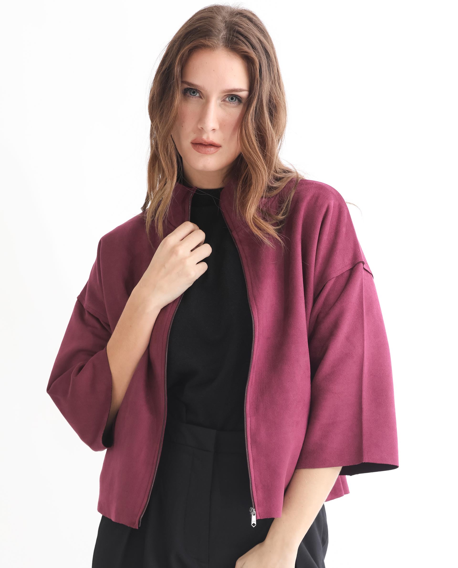 Rareism Women Vasu 1 Pink Polyester Fabric 3/4Th Sleeves Solid Mandarin Collar Jacket