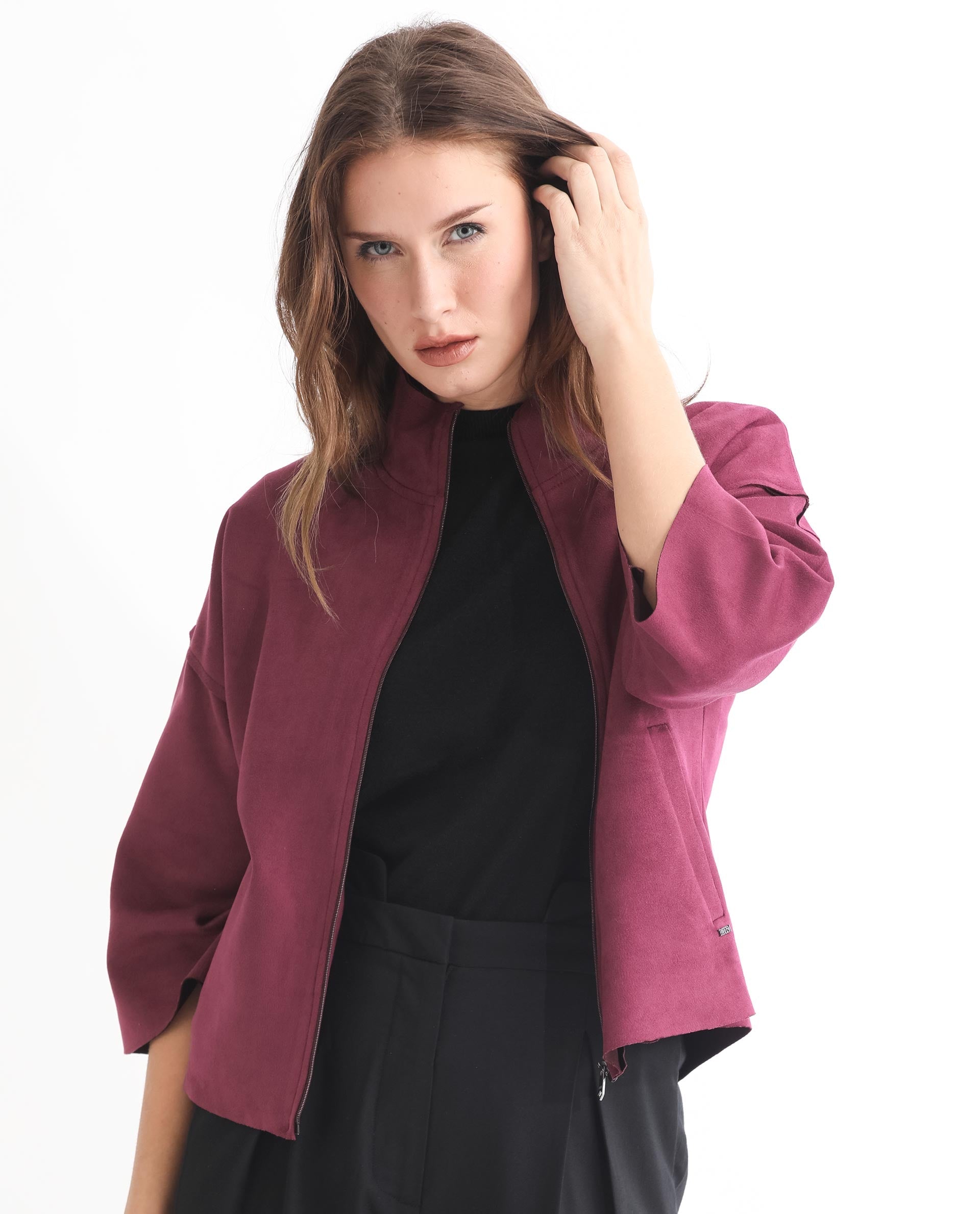 Rareism Women Vasu 1 Pink Polyester Fabric 3/4Th Sleeves Solid Mandarin Collar Jacket