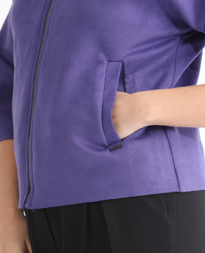 Rareism Women Vasu 1 Purple Polyester Fabric 3/4Th Sleeves Zip Closure Mandarin Collar Regular Fit Plain Jacket