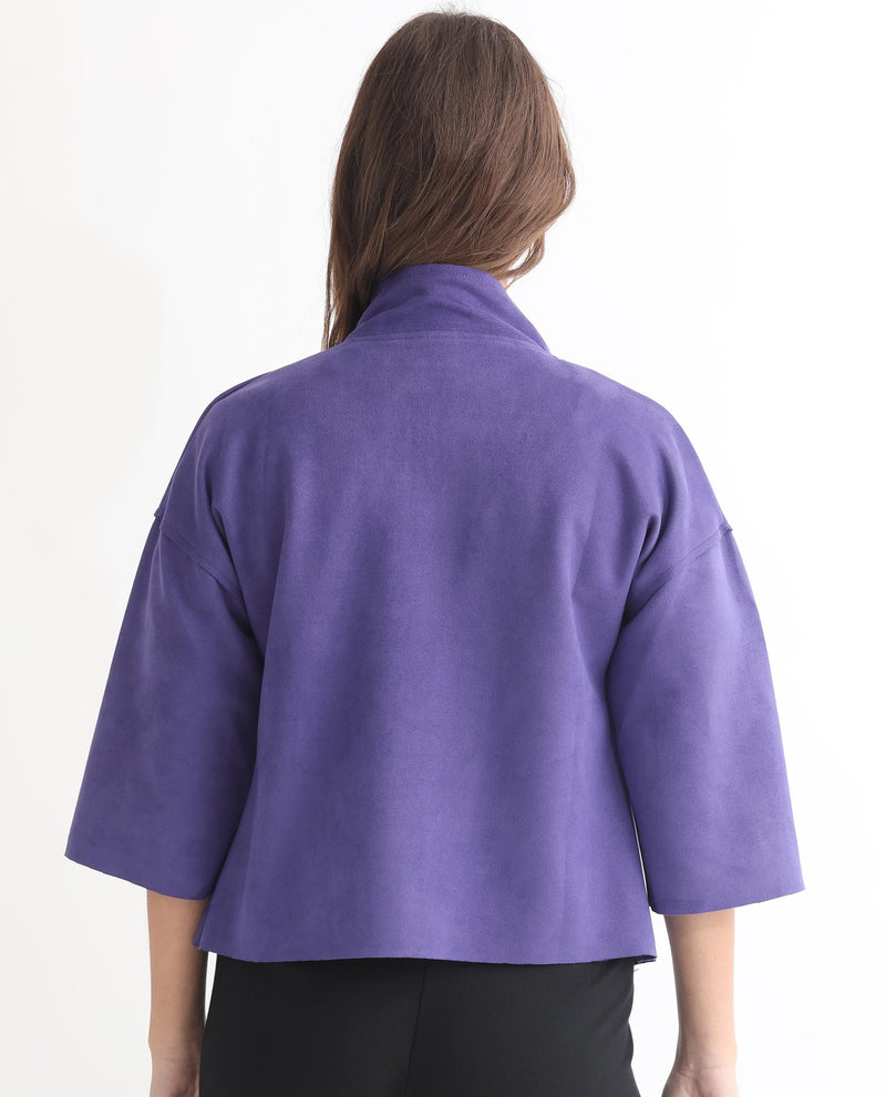 Rareism Women Vasu 1 Purple Polyester Fabric 3/4Th Sleeves Zip Closure Mandarin Collar Regular Fit Plain Jacket