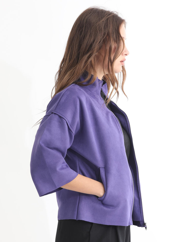 Rareism Women Vasu 1 Purple Polyester Fabric 3/4Th Sleeves Zip Closure Mandarin Collar Regular Fit Plain Jacket