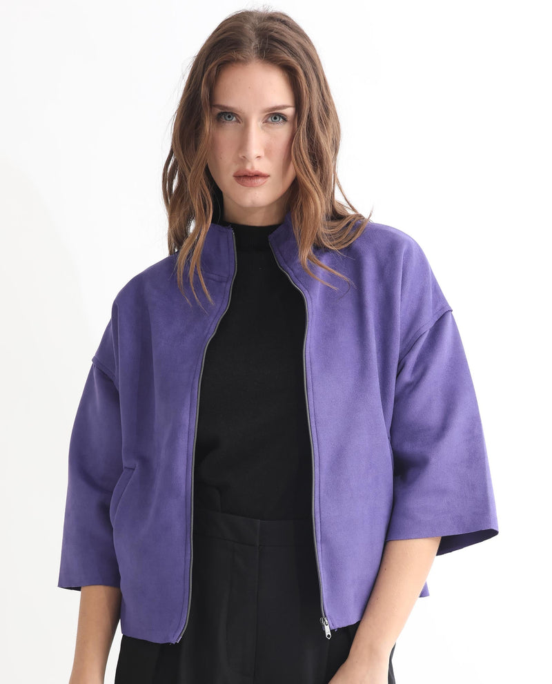 Rareism Women Vasu 1 Purple Polyester Fabric 3/4Th Sleeves Zip Closure Mandarin Collar Regular Fit Plain Jacket