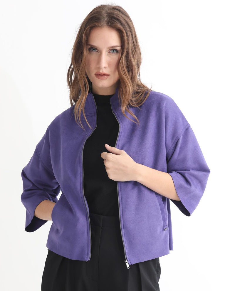 Rareism Women Vasu 1 Purple Polyester Fabric 3/4Th Sleeves Zip Closure Mandarin Collar Regular Fit Plain Jacket