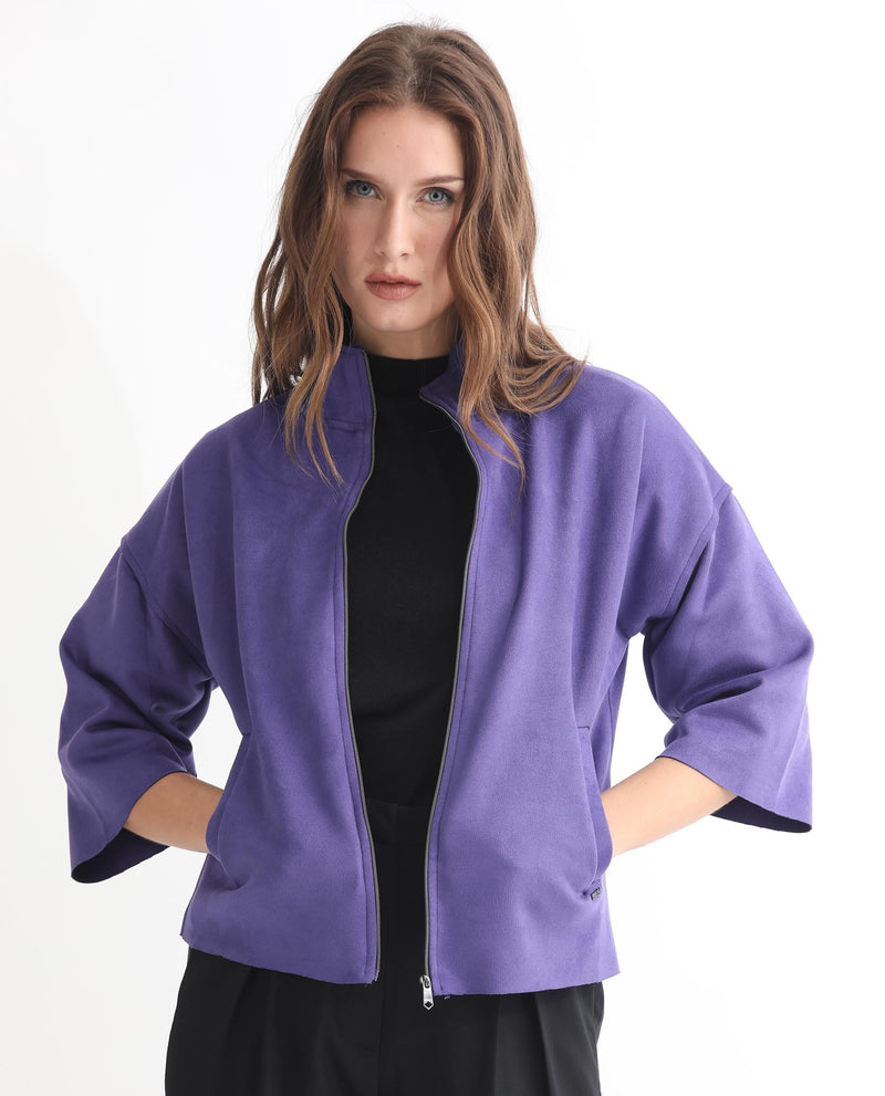 Rareism Women Vasu 1 Purple Polyester Fabric 3/4Th Sleeves Zip Closure Mandarin Collar Regular Fit Plain Jacket