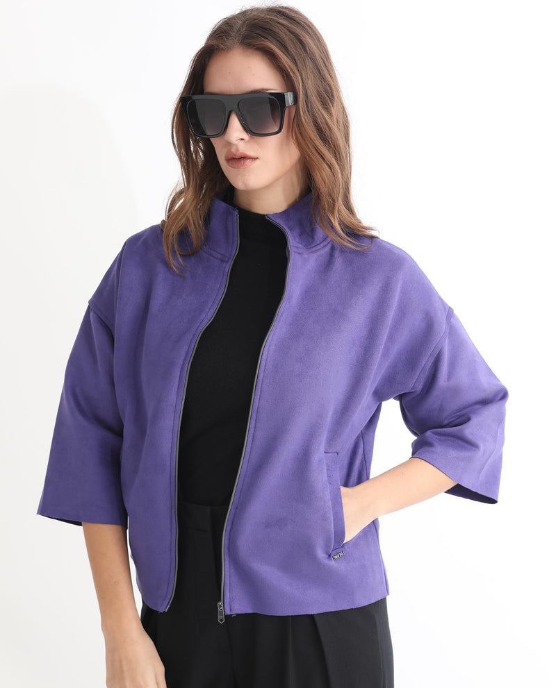 Rareism Women Vasu 1 Purple Polyester Fabric 3/4Th Sleeves Zip Closure Mandarin Collar Regular Fit Plain Jacket