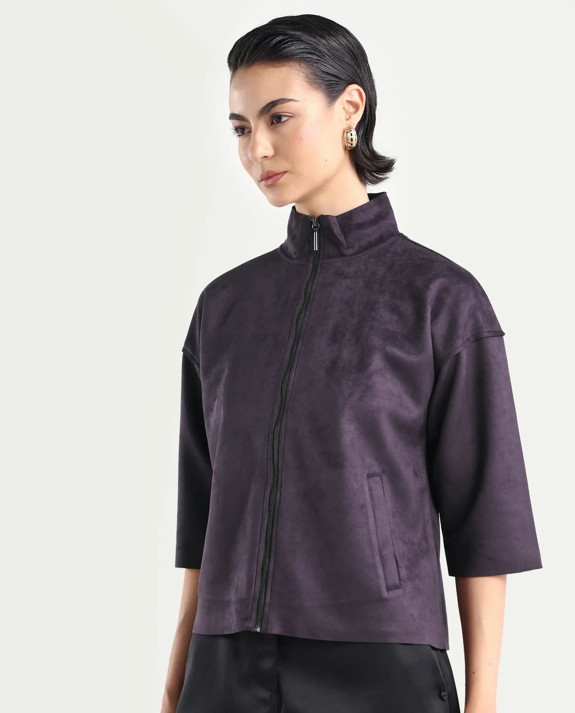 Rareism Women's Vasu-25 Purple Polyester Blend Crew Neck Regular Fit Jacket