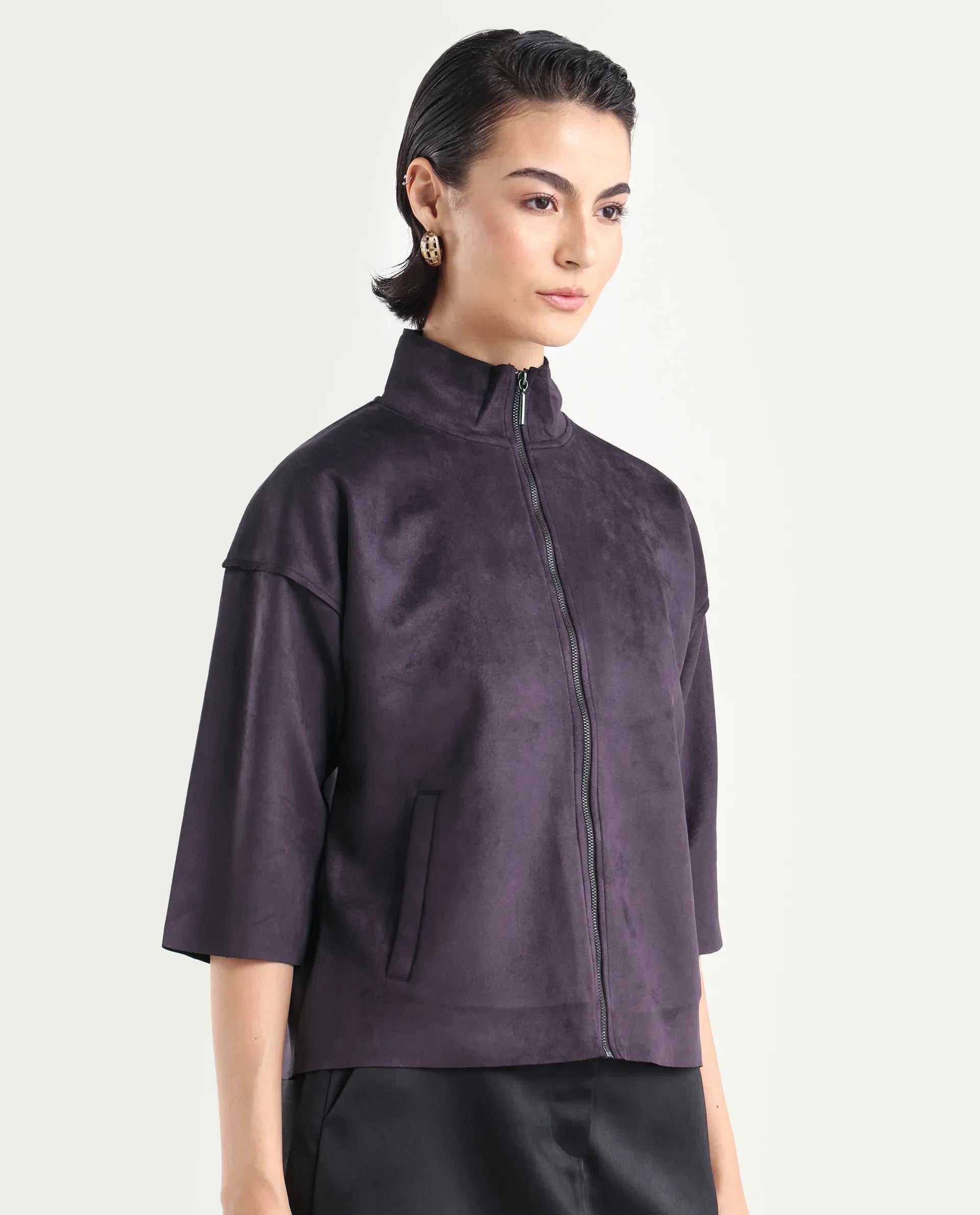 Rareism Women's Vasu-25 Purple Polyester Blend Crew Neck Regular Fit Jacket