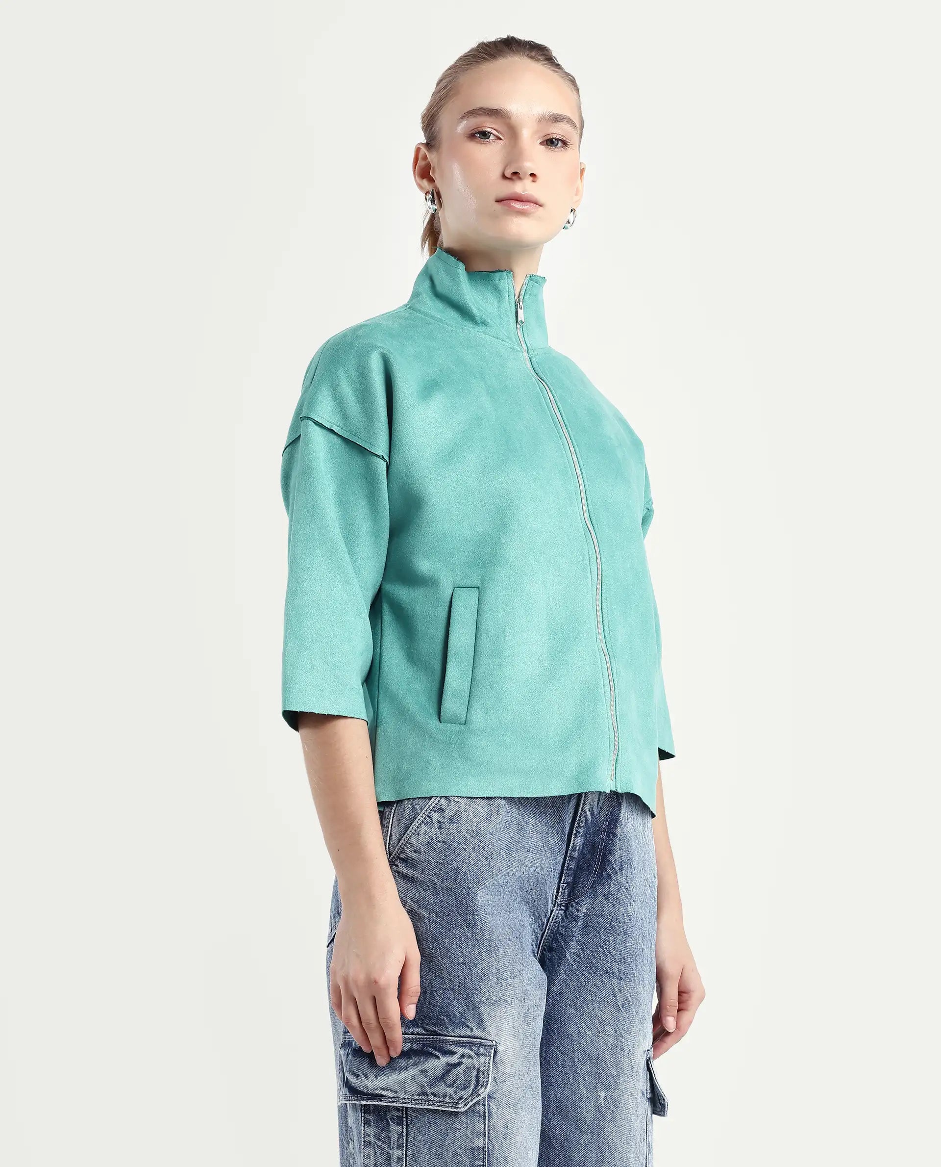 Rareism Women's Vasu 2 Light Blue Polyester Blend Stand Collar Plain Boxy Fit Jacket
