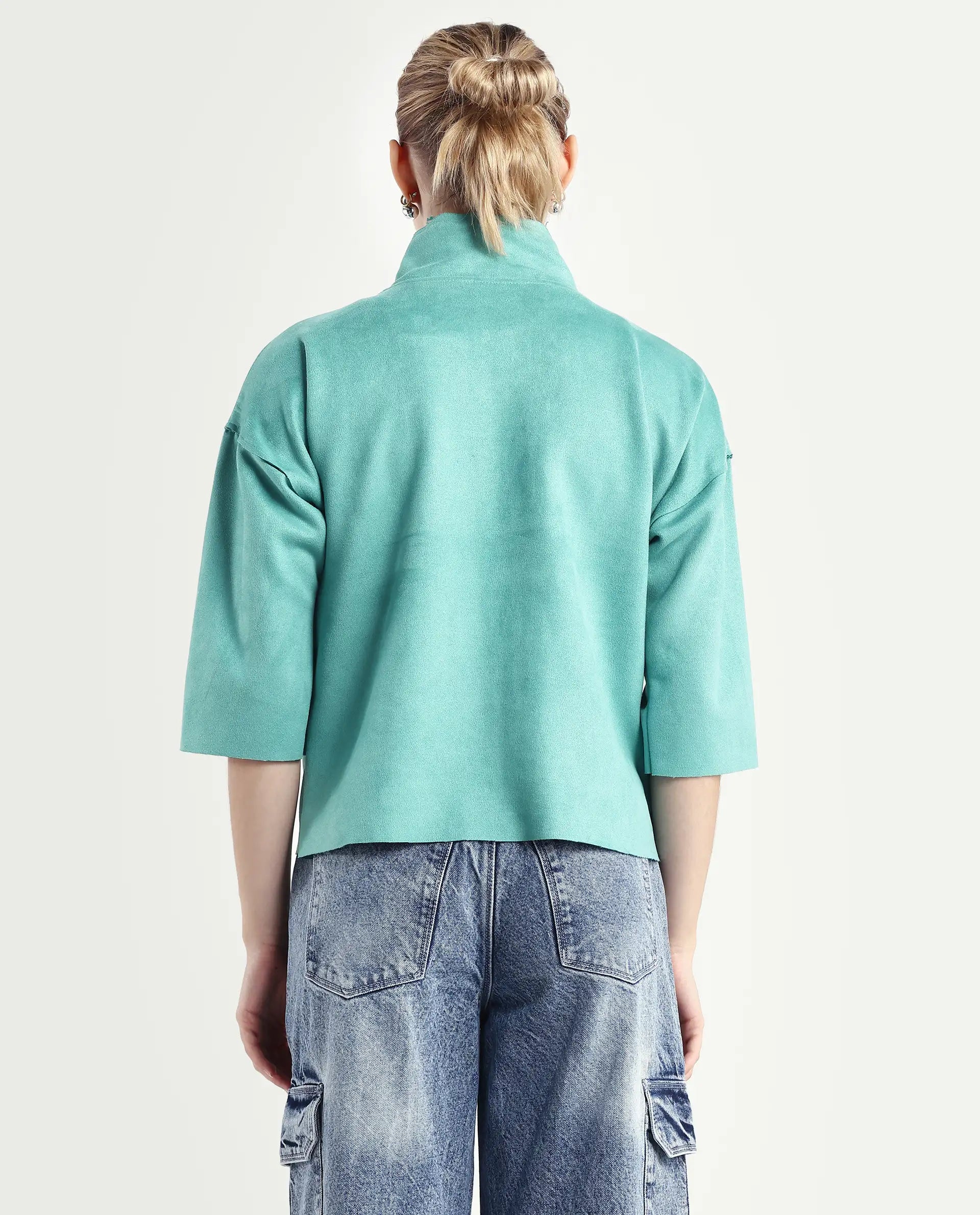 Rareism Women's Vasu 2 Light Blue Polyester Blend Stand Collar Plain Boxy Fit Jacket